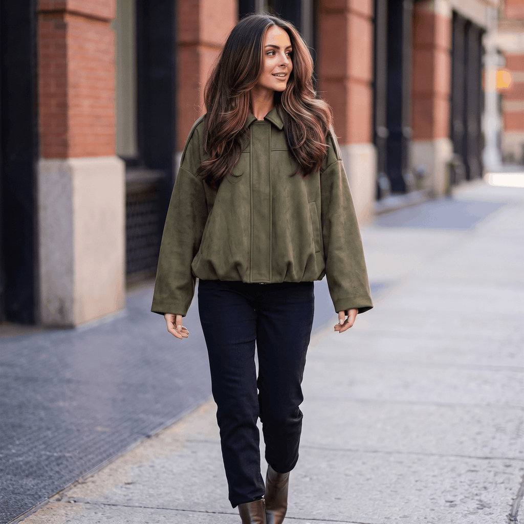 Sofia Suede Cropped Jacket – Oversized Drop-Shoulder Boxy Outerwear