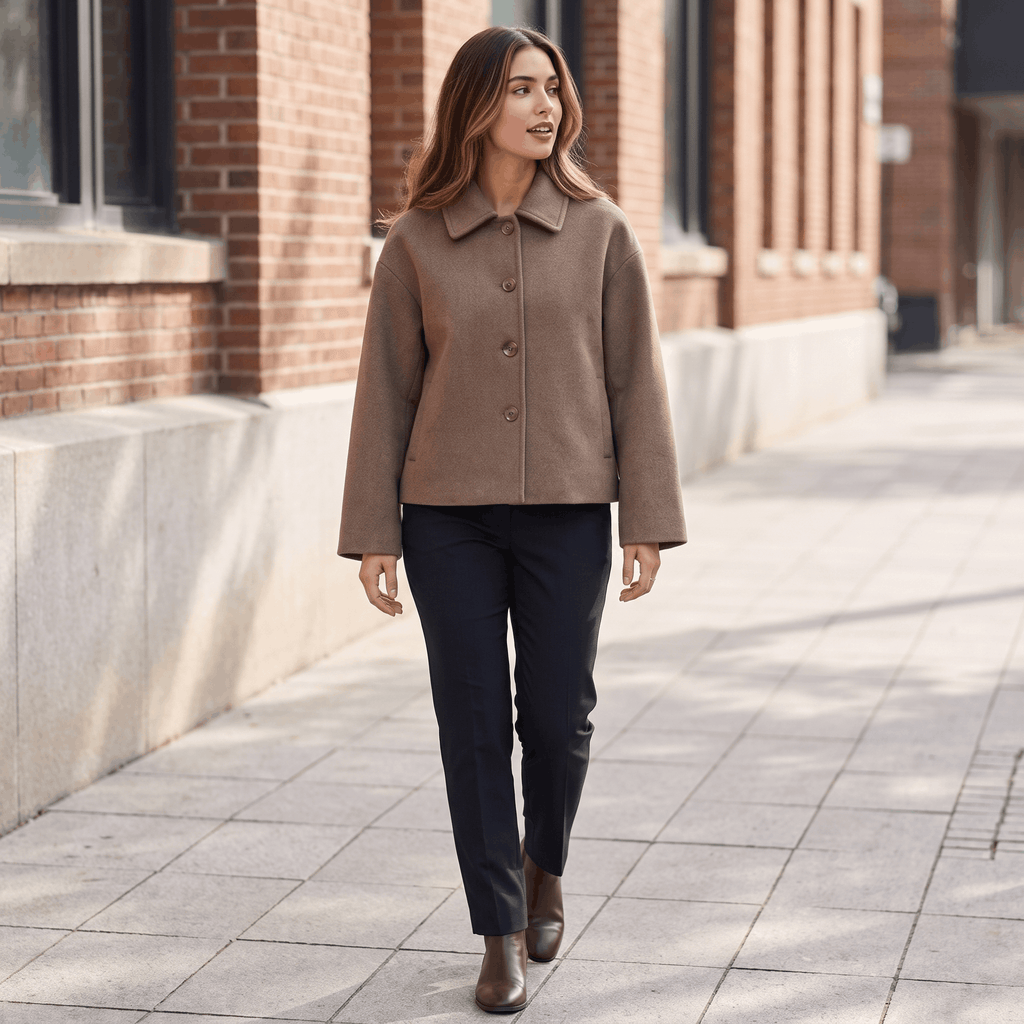 Adelina Wool Cropped Jacket – Button-Front Collared Structured Outerwear