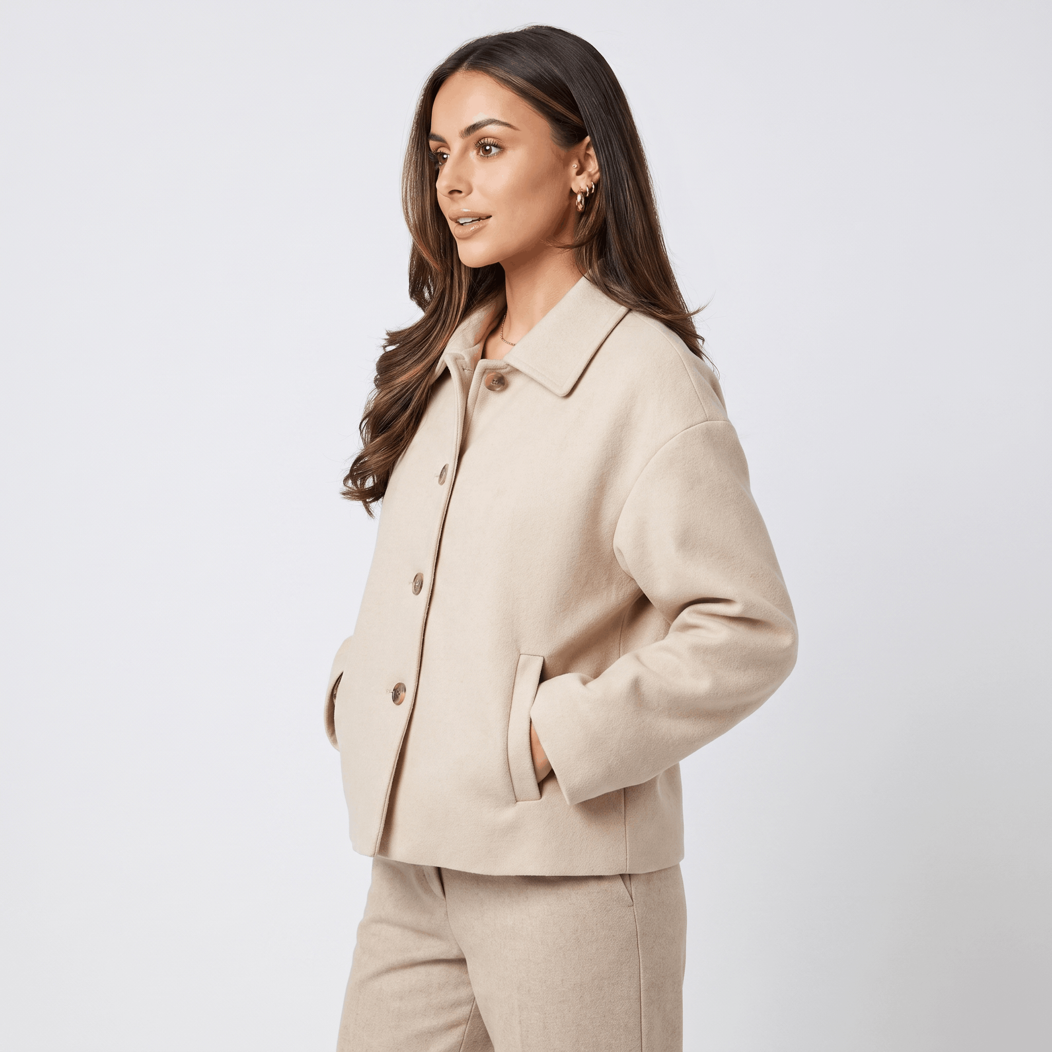 Adelina Wool Cropped Jacket – Button-Front Collared Structured Outerwear
