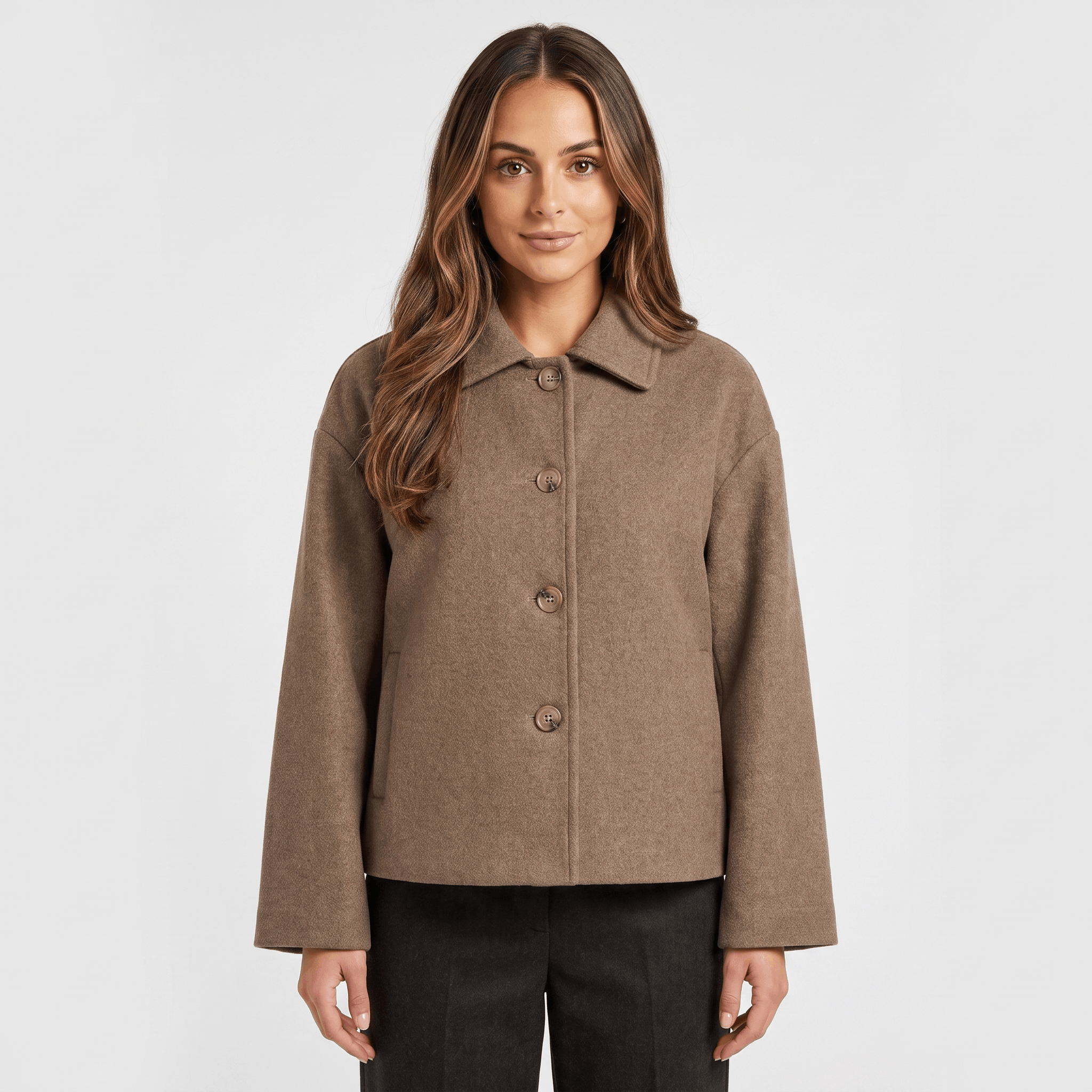 Adelina Wool Cropped Jacket – Button-Front Collared Structured Outerwear
