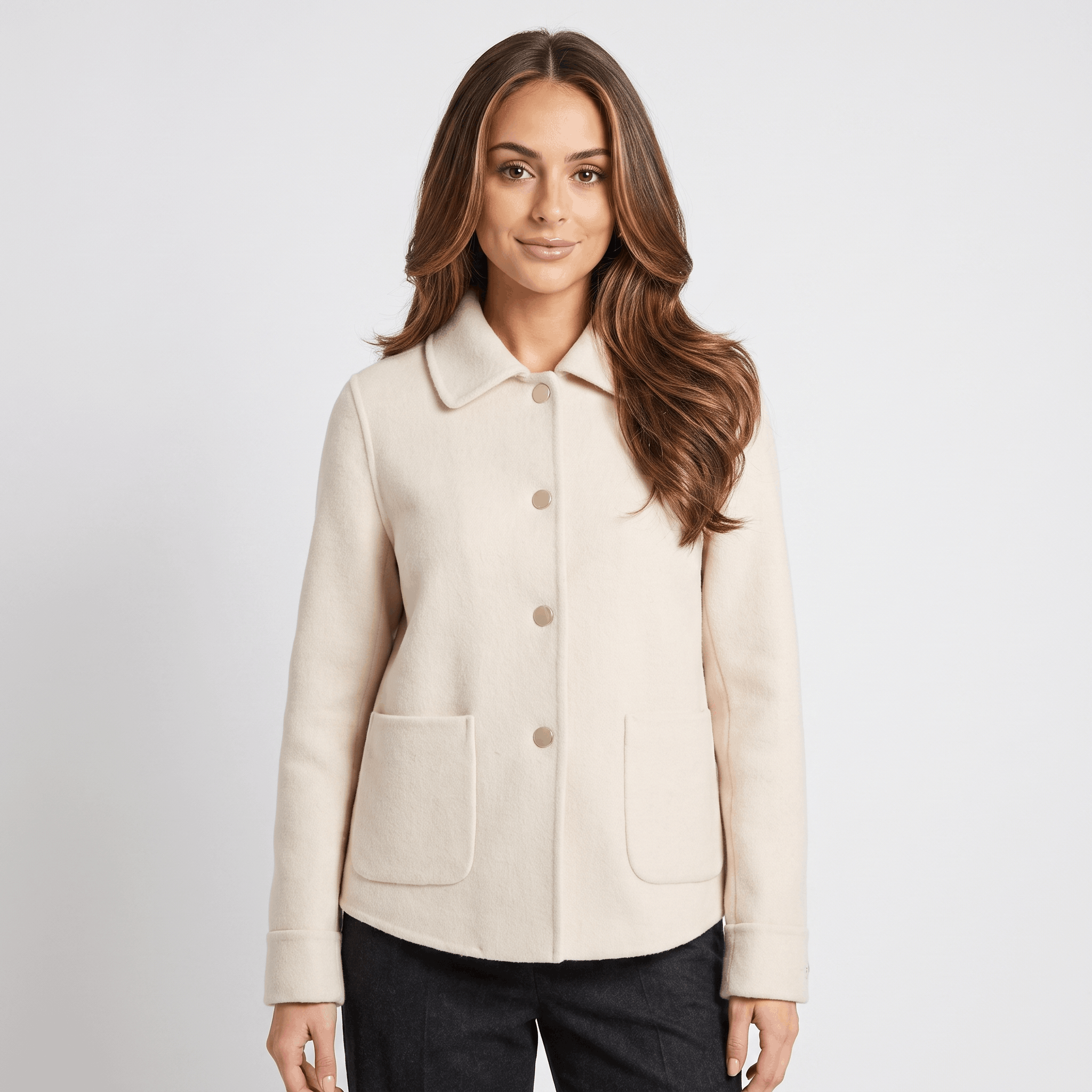 Liora Soft Wool Short Coat – Doll-Collar Snap-Button Patch-Pocket Outerwear