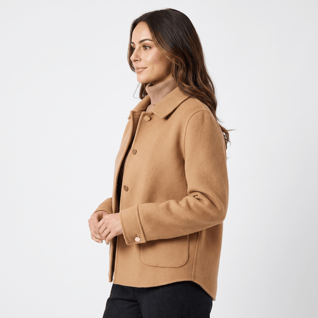 Liora Soft Wool Short Coat – Doll-Collar Snap-Button Patch-Pocket Outerwear