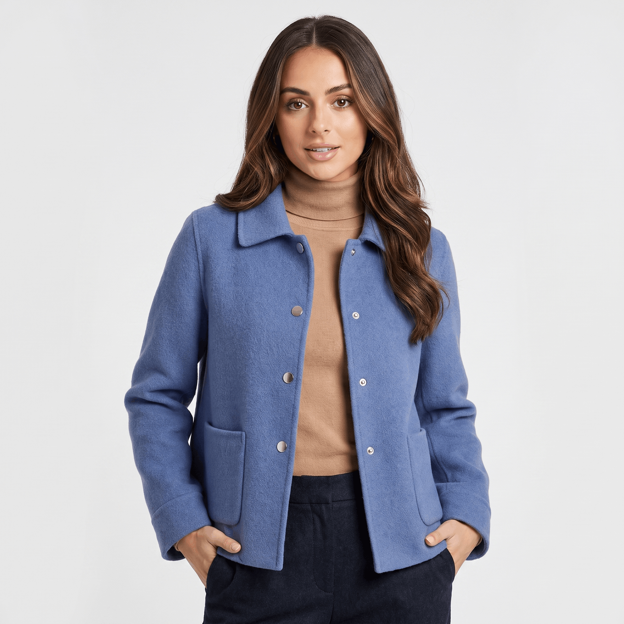 Liora Soft Wool Short Coat – Doll-Collar Snap-Button Patch-Pocket Outerwear