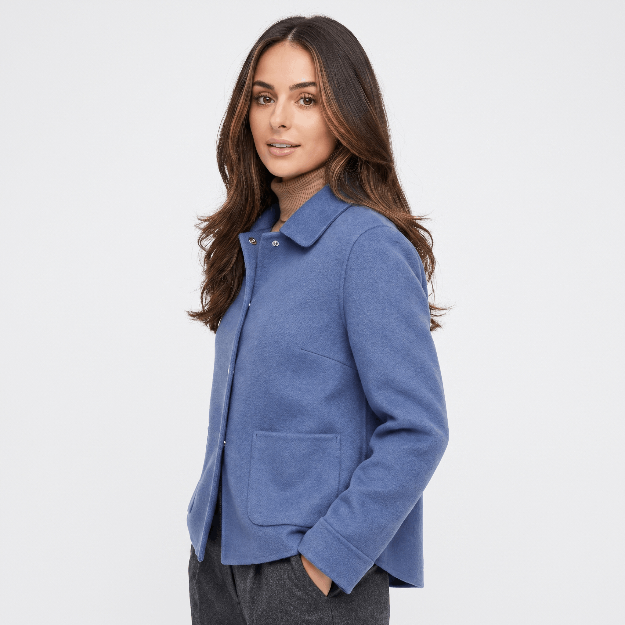Liora Soft Wool Short Coat – Doll-Collar Snap-Button Patch-Pocket Outerwear