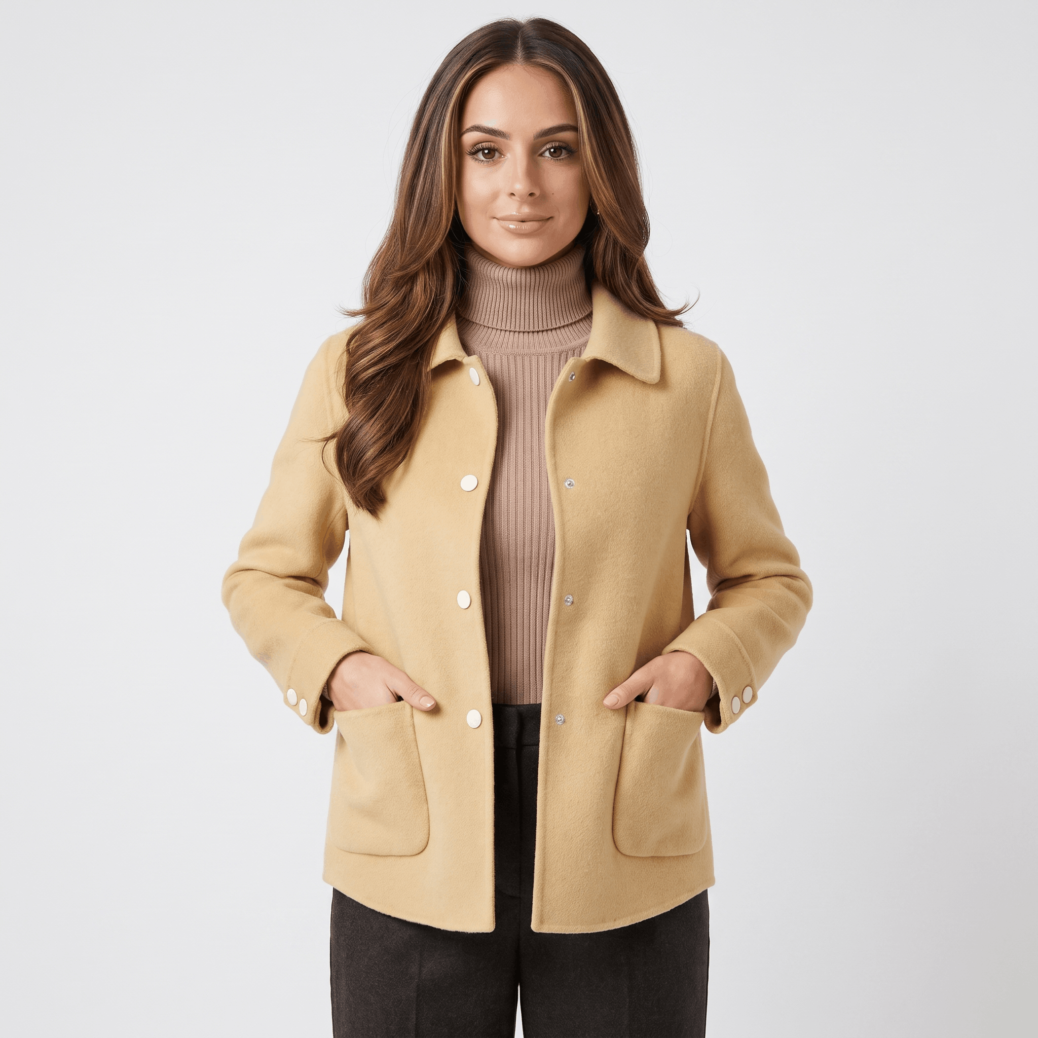 Liora Soft Wool Short Coat – Doll-Collar Snap-Button Patch-Pocket Outerwear