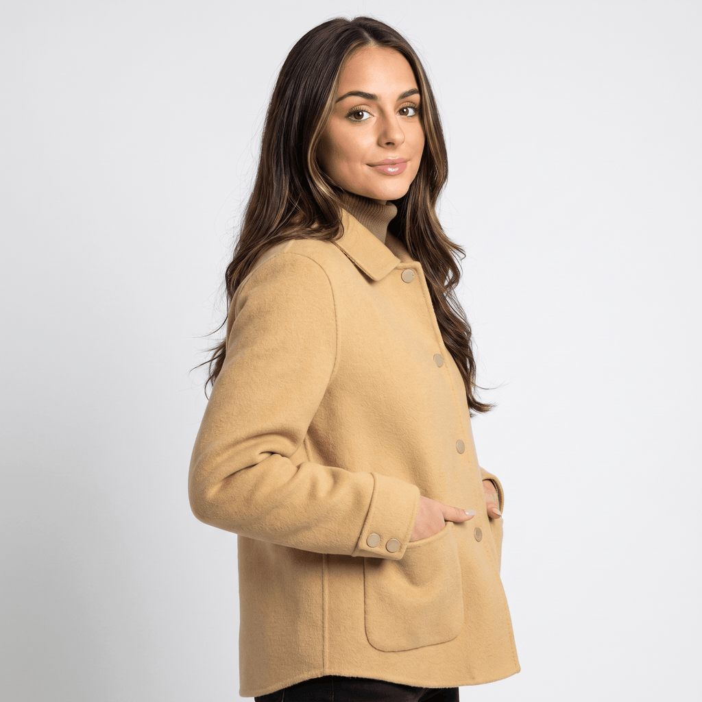 Liora Soft Wool Short Coat – Doll-Collar Snap-Button Patch-Pocket Outerwear