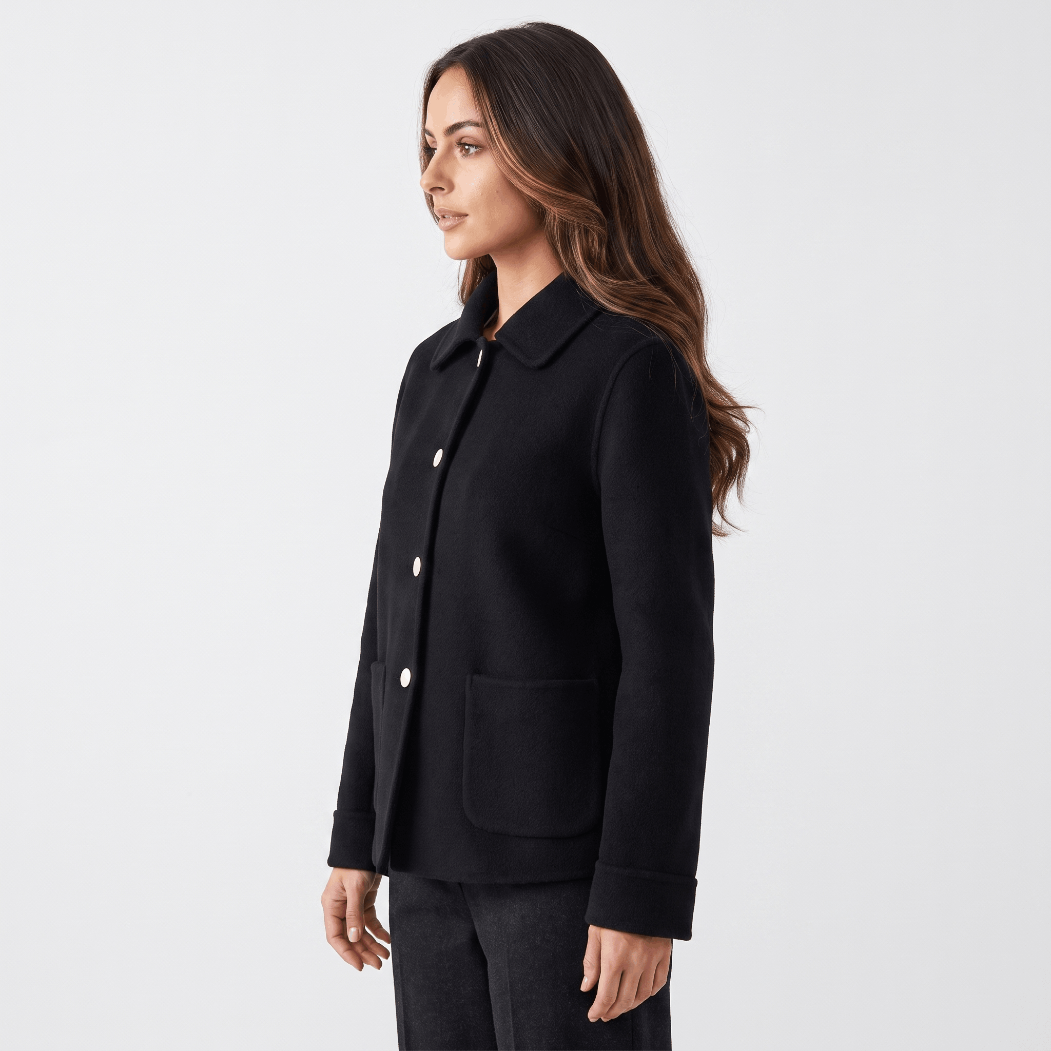 Liora Soft Wool Short Coat – Doll-Collar Snap-Button Patch-Pocket Outerwear