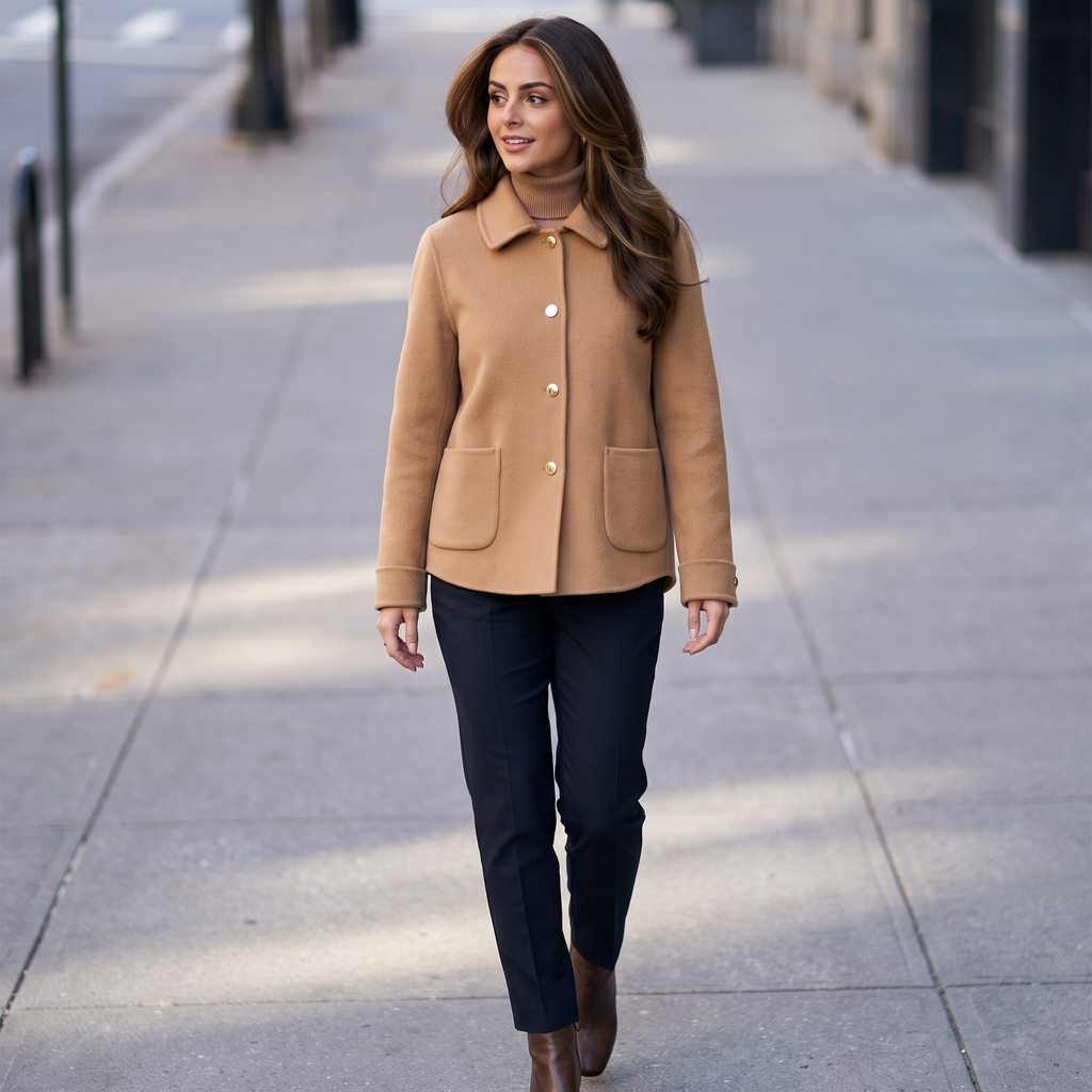 Liora Soft Wool Short Coat – Doll-Collar Snap-Button Patch-Pocket Outerwear