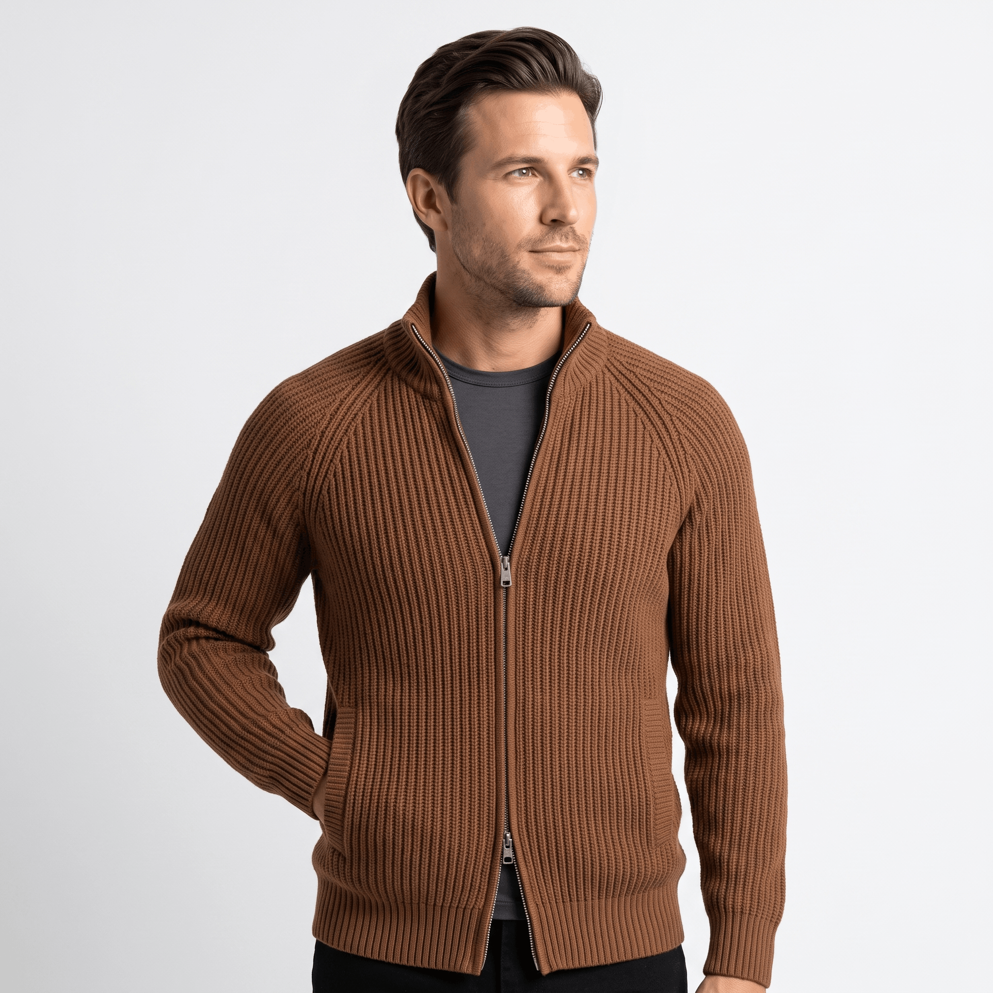 Harold Cotton-Blend Knit Cardigan – Stand-Collar Full-Zip Slim-Fit Sweater