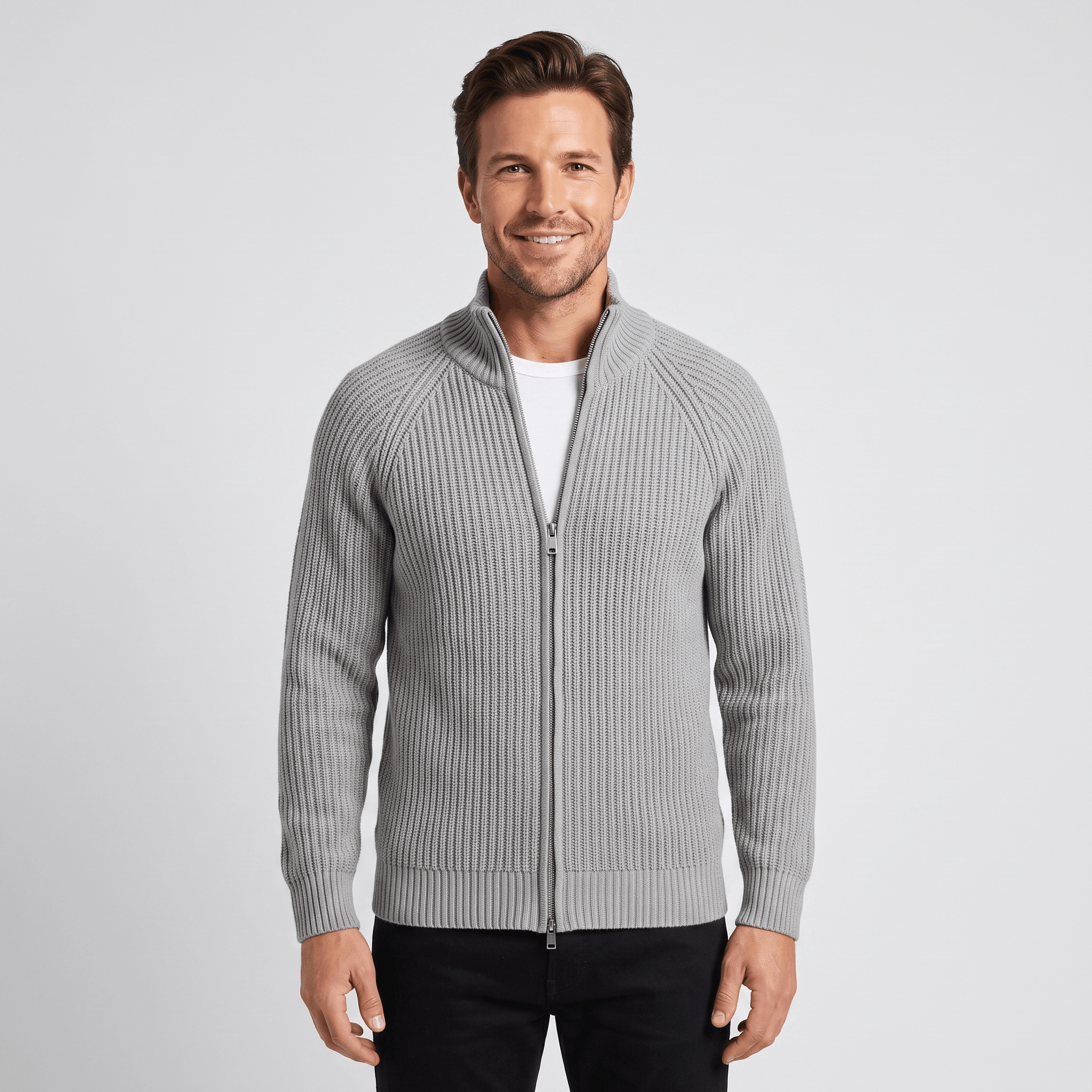 Harold Cotton-Blend Knit Cardigan – Stand-Collar Full-Zip Slim-Fit Sweater