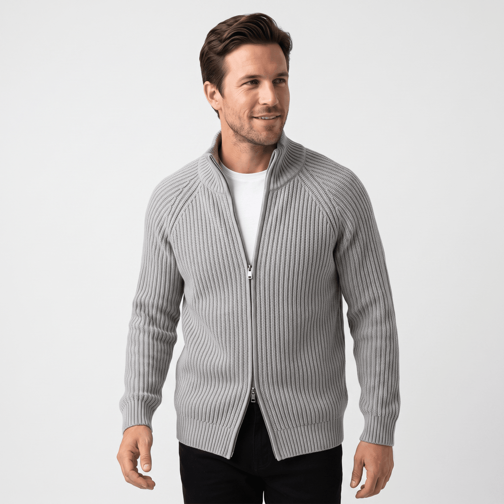 Harold Cotton-Blend Knit Cardigan – Stand-Collar Full-Zip Slim-Fit Sweater