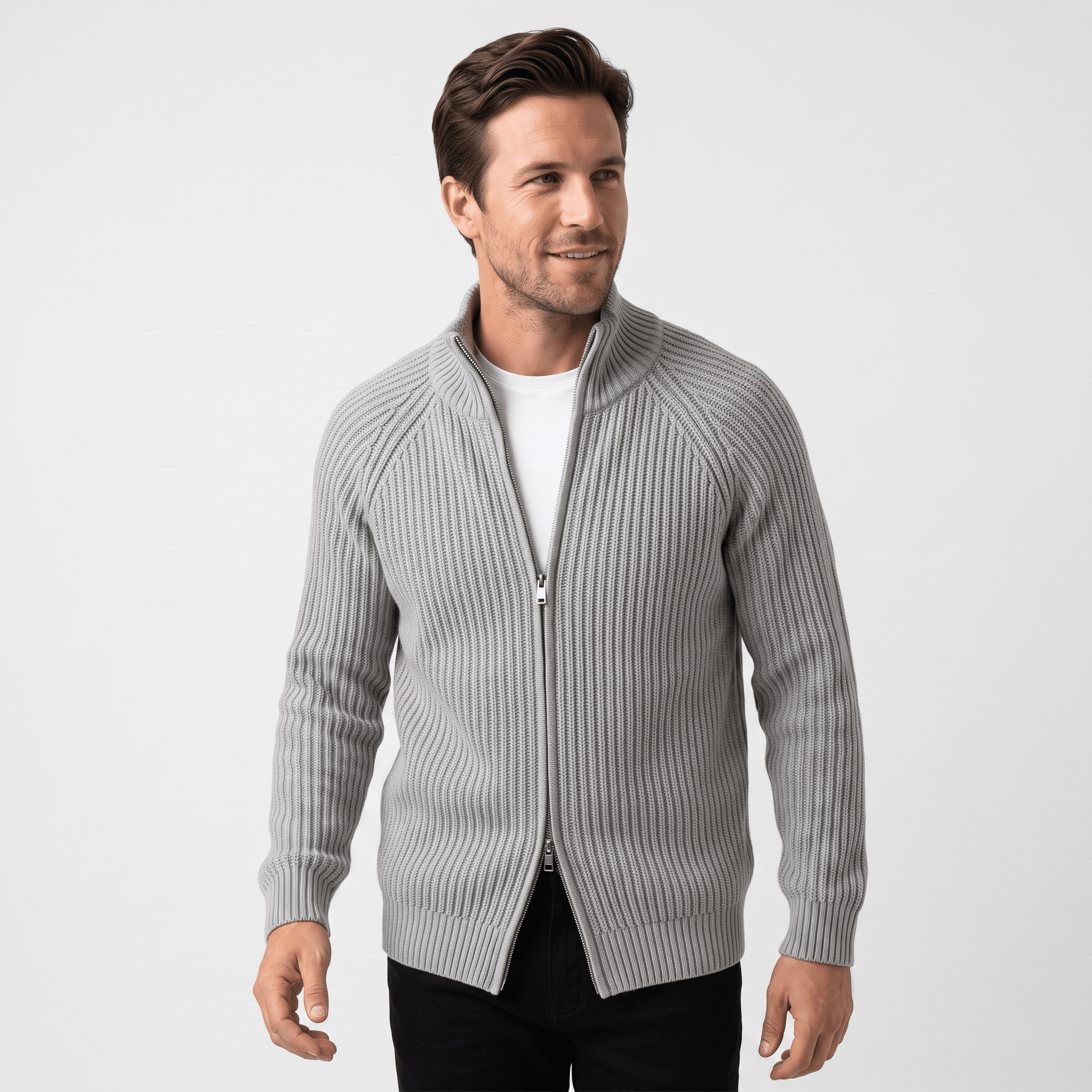 Harold Cotton-Blend Knit Cardigan – Stand-Collar Full-Zip Slim-Fit Sweater