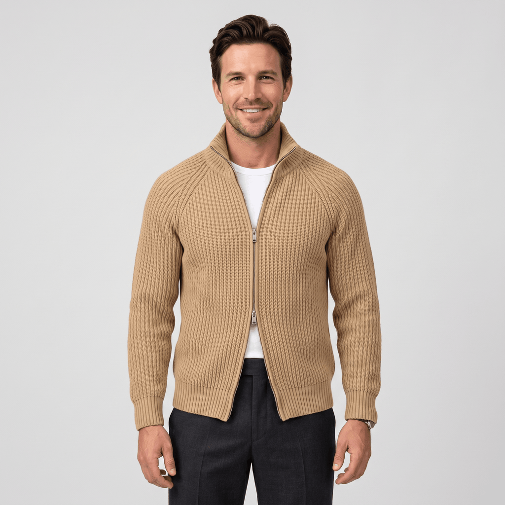 Harold Cotton-Blend Knit Cardigan – Stand-Collar Full-Zip Slim-Fit Sweater