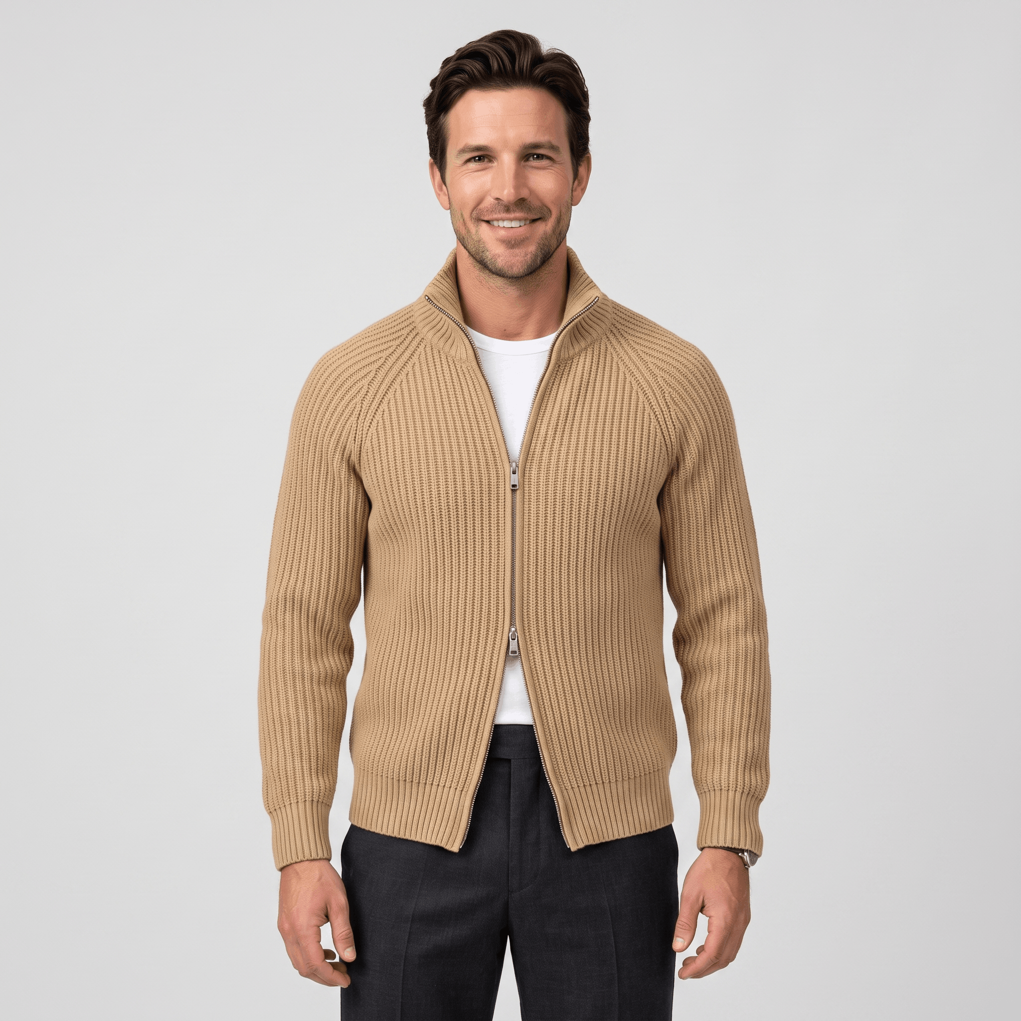 Harold Cotton-Blend Knit Cardigan – Stand-Collar Full-Zip Slim-Fit Sweater