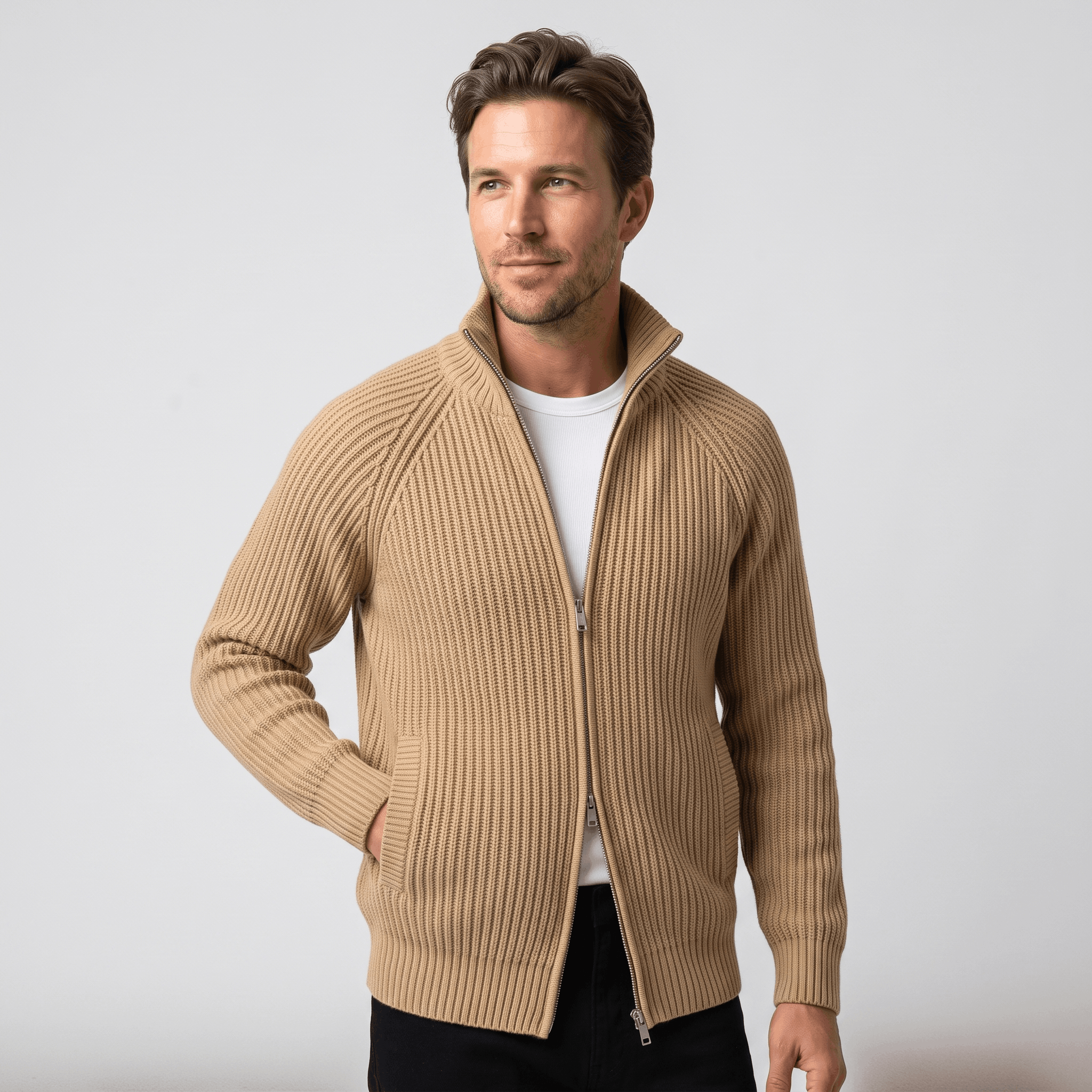 Harold Cotton-Blend Knit Cardigan – Stand-Collar Full-Zip Slim-Fit Sweater