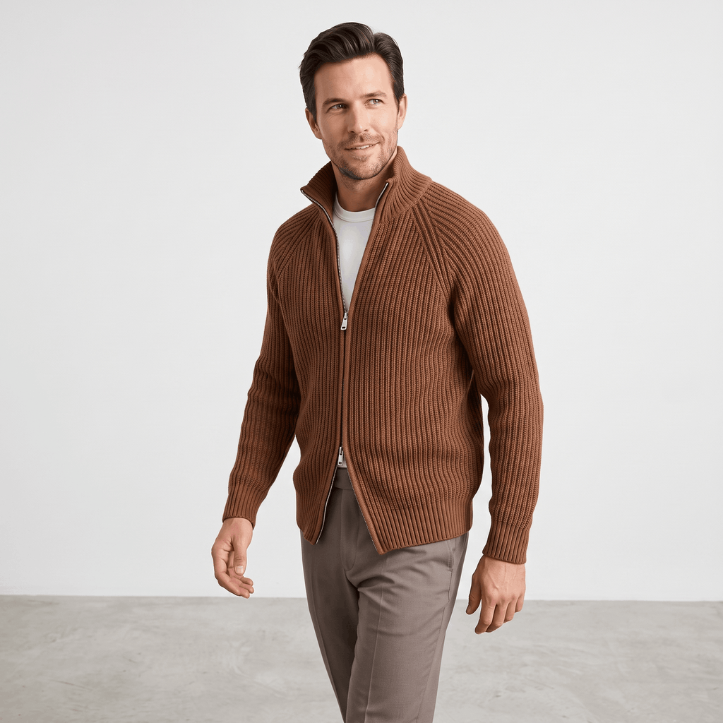 Harold Cotton-Blend Knit Cardigan – Stand-Collar Full-Zip Slim-Fit Sweater