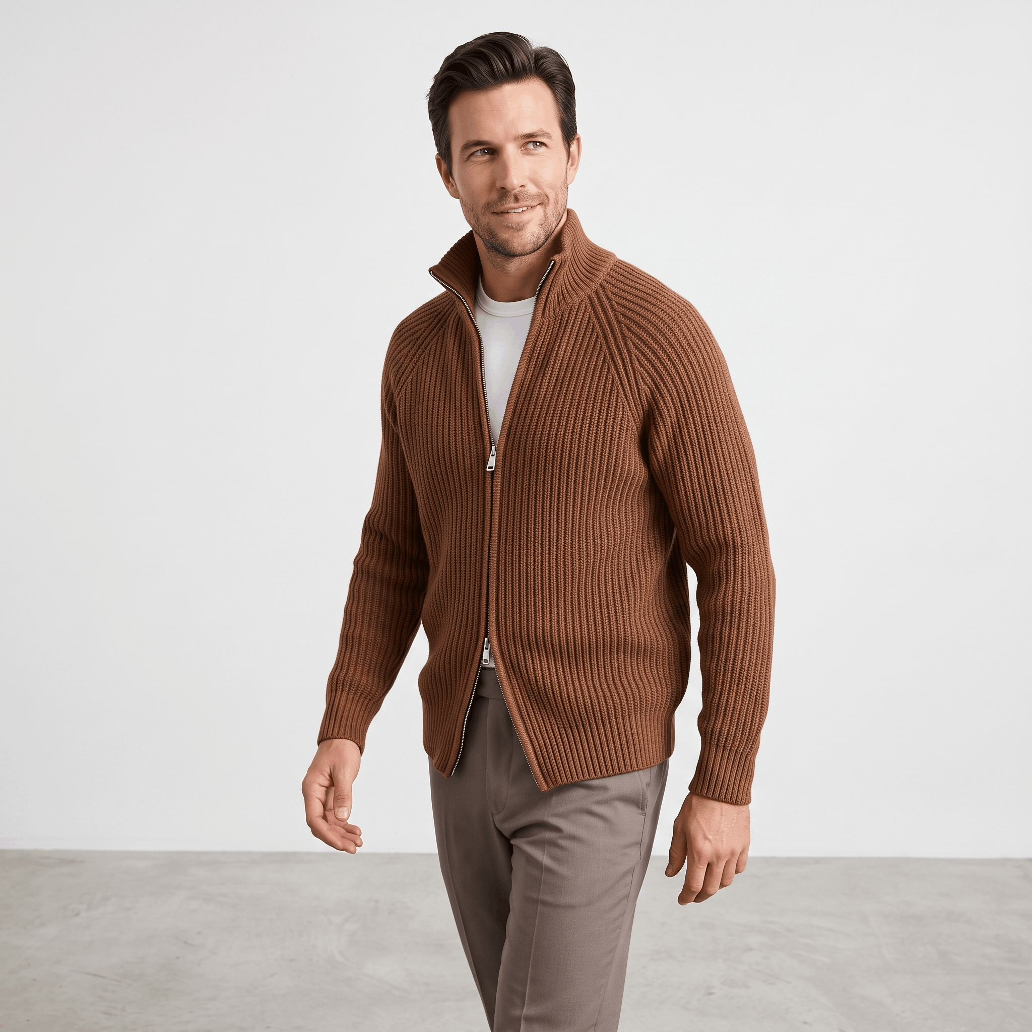 Harold Cotton-Blend Knit Cardigan – Stand-Collar Full-Zip Slim-Fit Sweater
