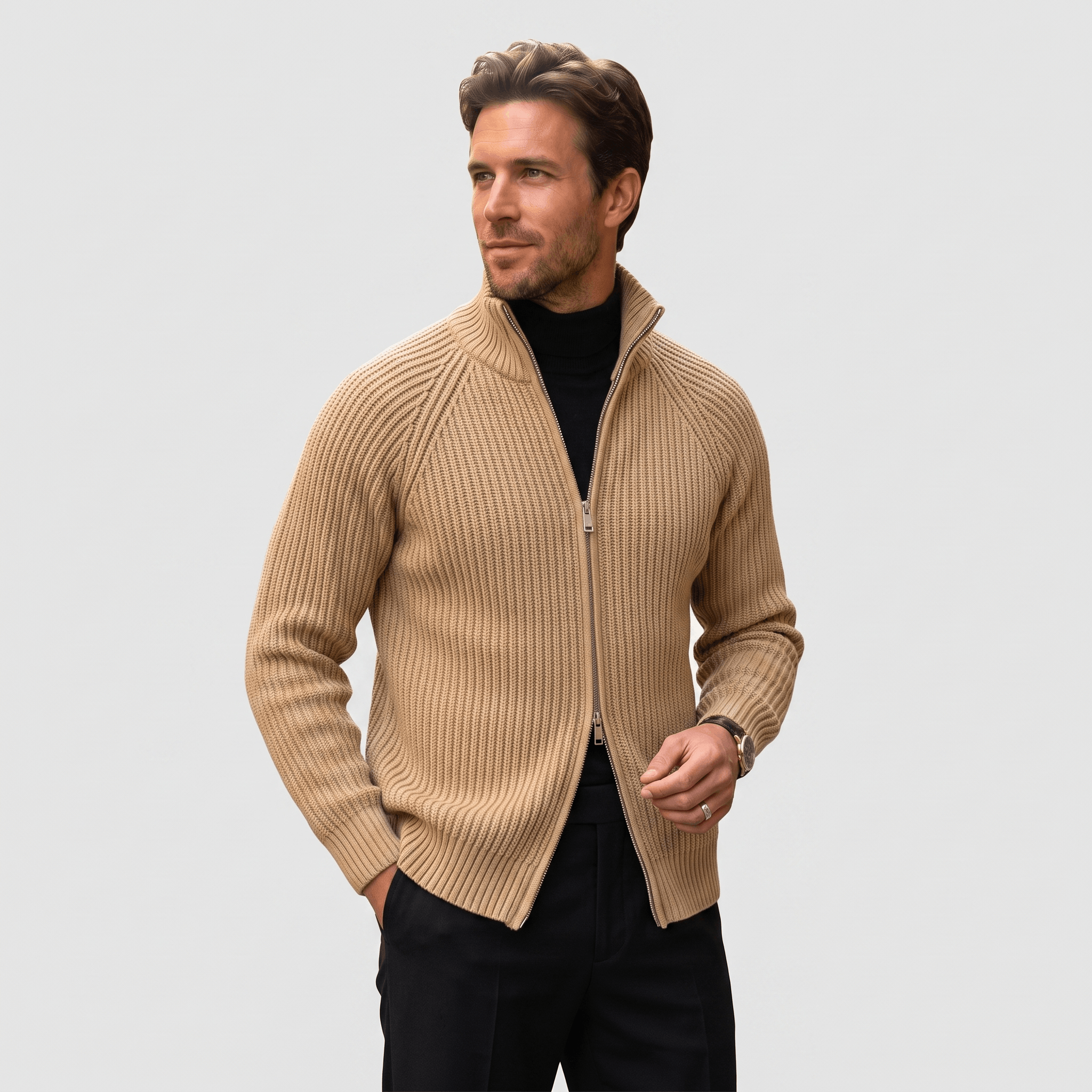 Harold Cotton-Blend Knit Cardigan – Stand-Collar Full-Zip Slim-Fit Sweater