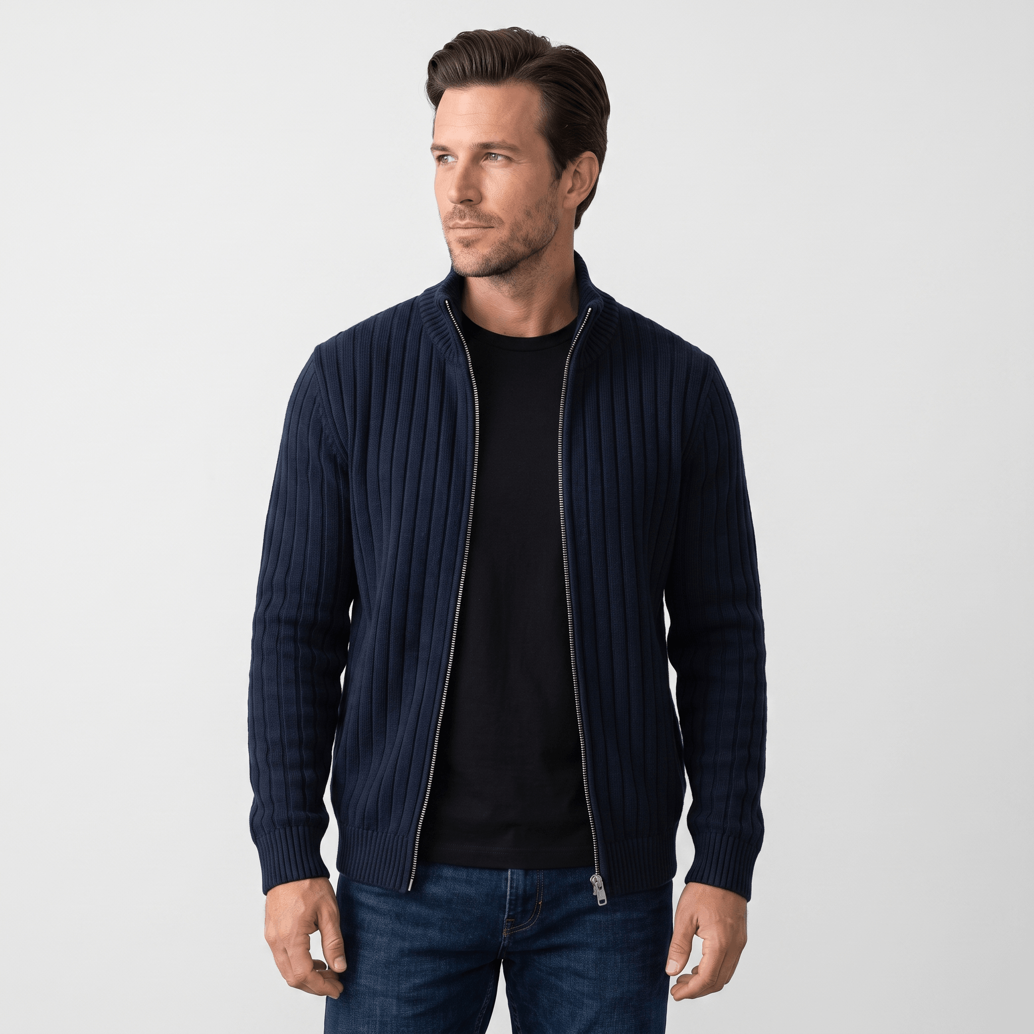 Casper Ribbed Knit Cardigan – Stand-Collar Full-Zip Structured Sweater