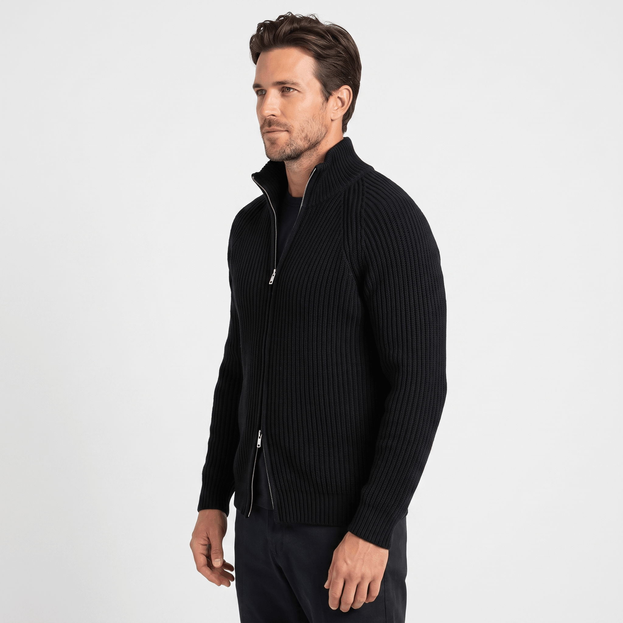 Harold Cotton-Blend Knit Cardigan – Stand-Collar Full-Zip Slim-Fit Sweater