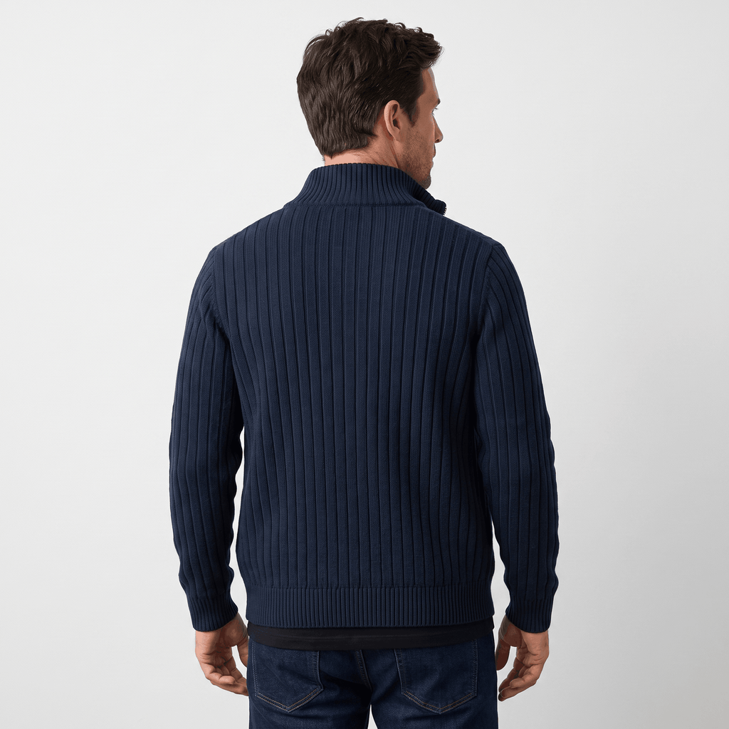 Casper Ribbed Knit Cardigan – Stand-Collar Full-Zip Structured Sweater