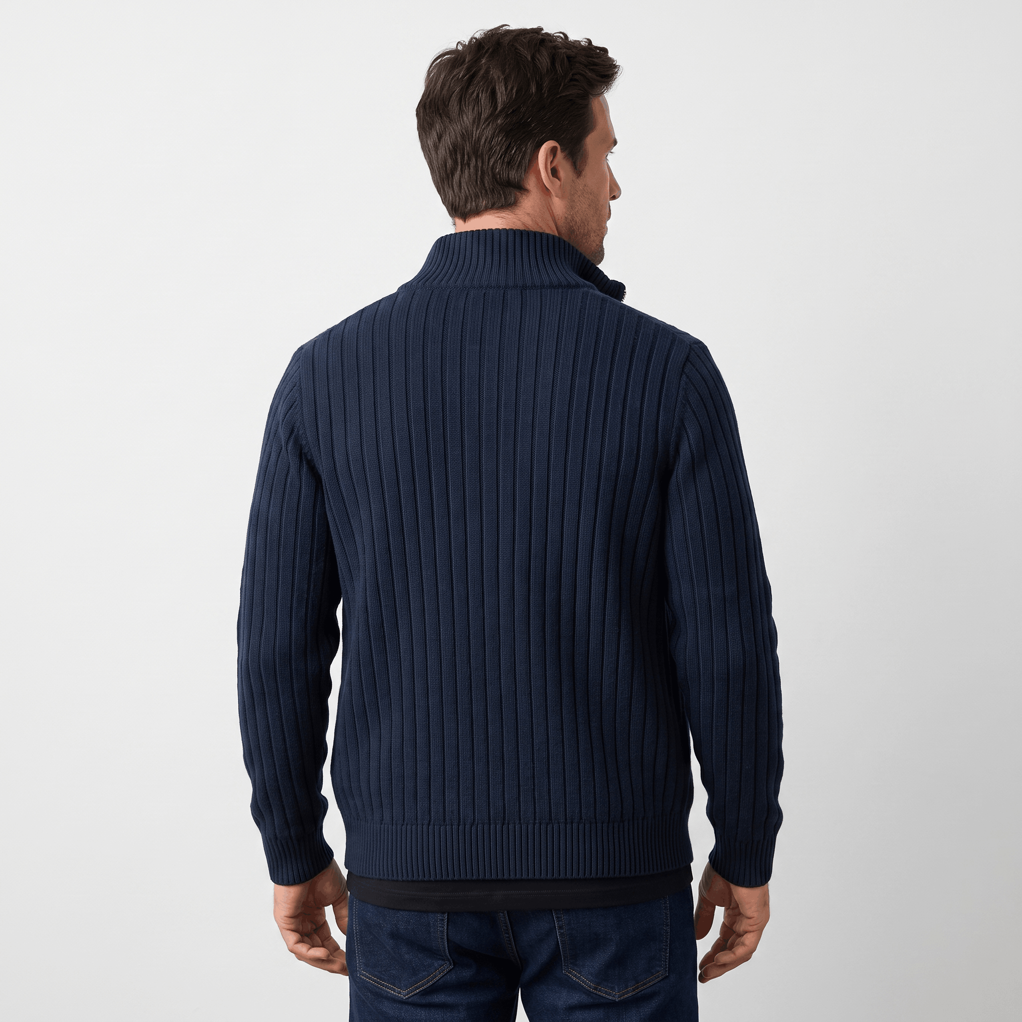 Casper Ribbed Knit Cardigan – Stand-Collar Full-Zip Structured Sweater