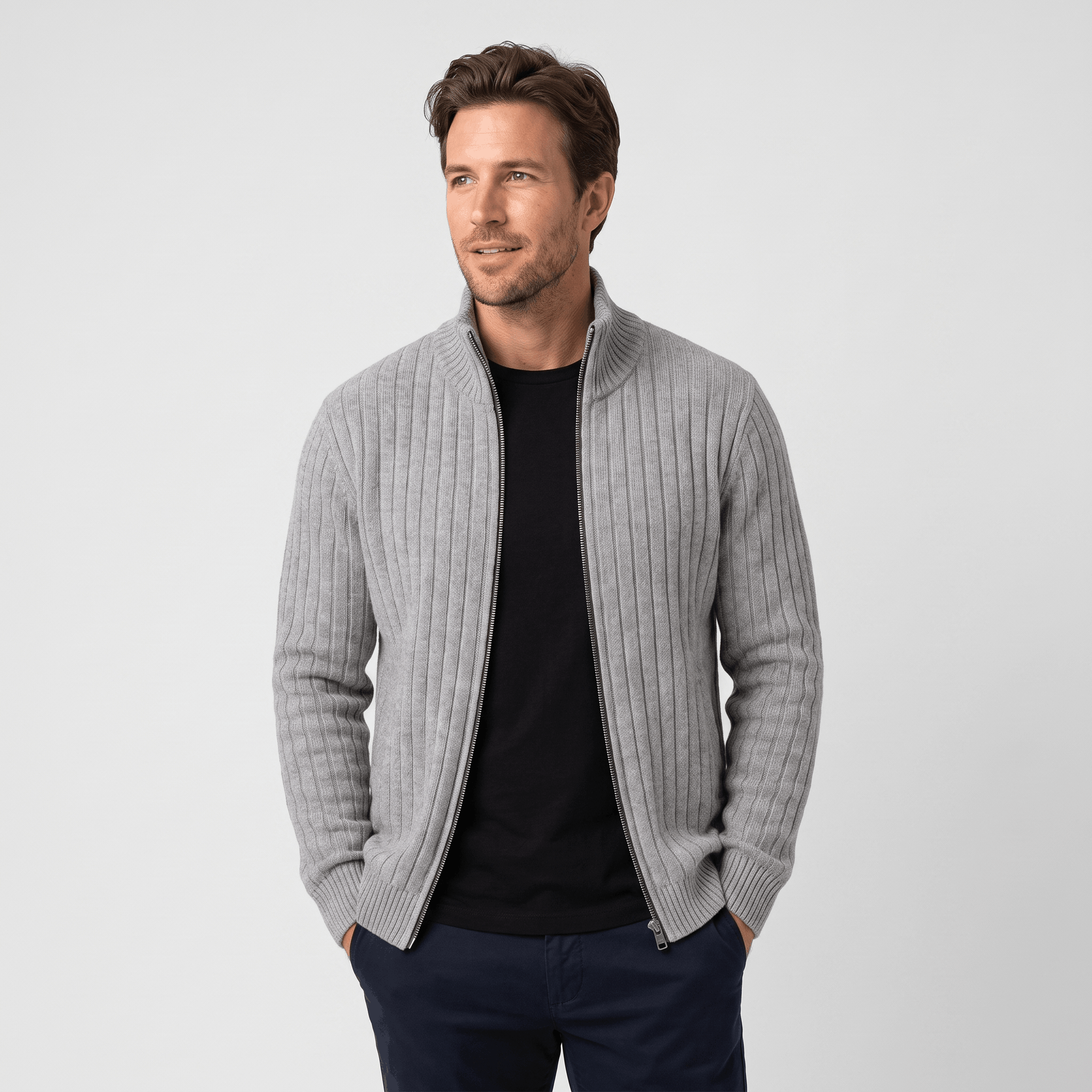Casper Ribbed Knit Cardigan – Stand-Collar Full-Zip Structured Sweater