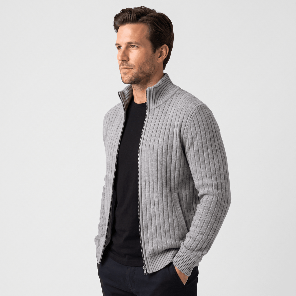 Casper Ribbed Knit Cardigan – Stand-Collar Full-Zip Structured Sweater