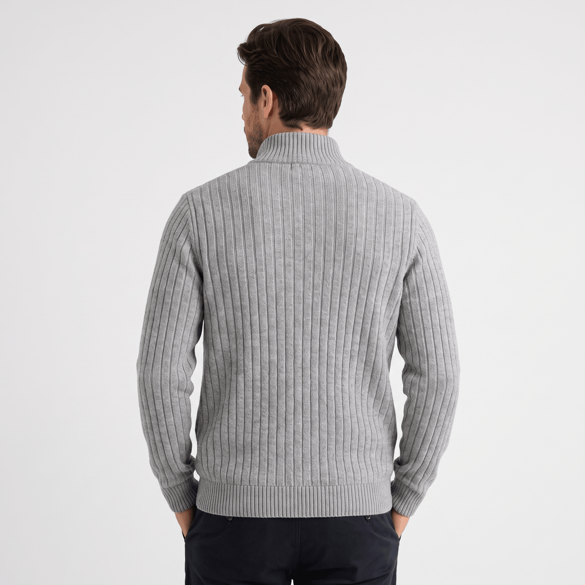 Casper Ribbed Knit Cardigan – Stand-Collar Full-Zip Structured Sweater