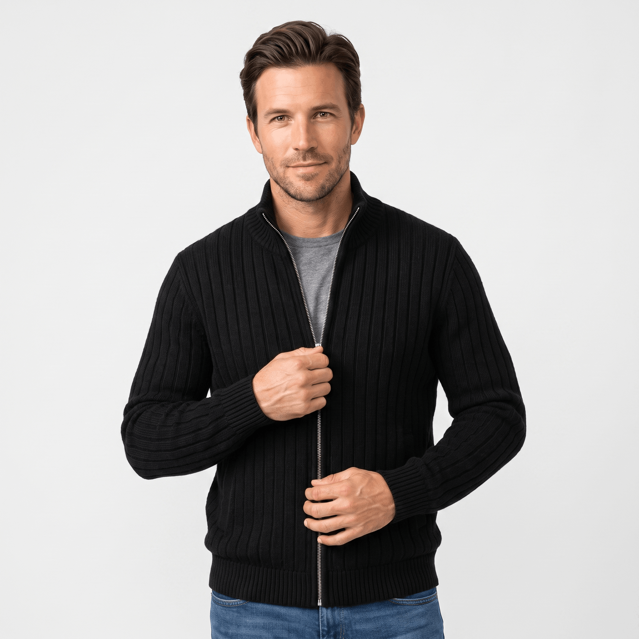 Casper Ribbed Knit Cardigan – Stand-Collar Full-Zip Structured Sweater