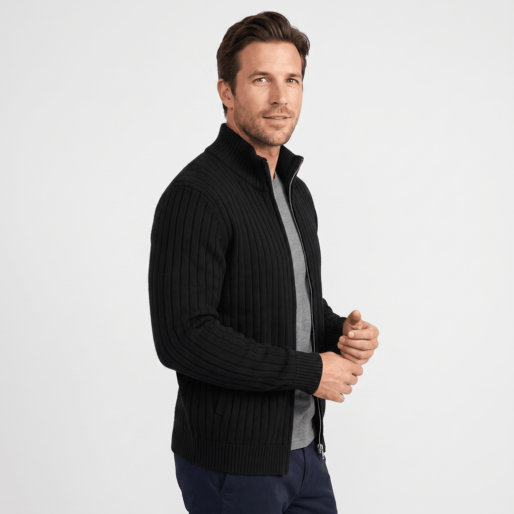 Casper Ribbed Knit Cardigan – Stand-Collar Full-Zip Structured Sweater