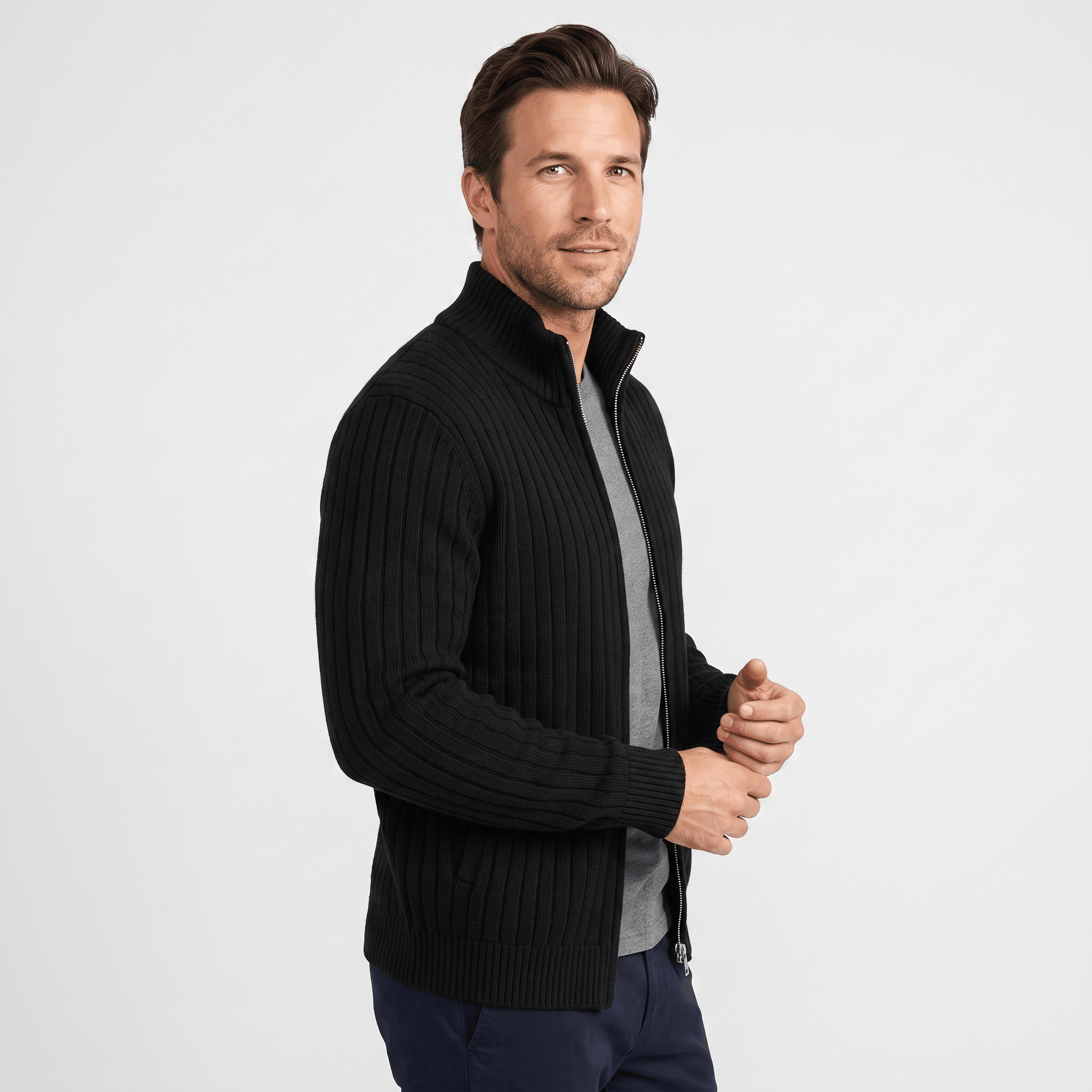 Casper Ribbed Knit Cardigan – Stand-Collar Full-Zip Structured Sweater