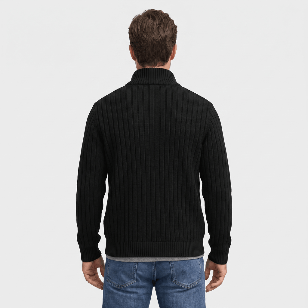 Casper Ribbed Knit Cardigan – Stand-Collar Full-Zip Structured Sweater