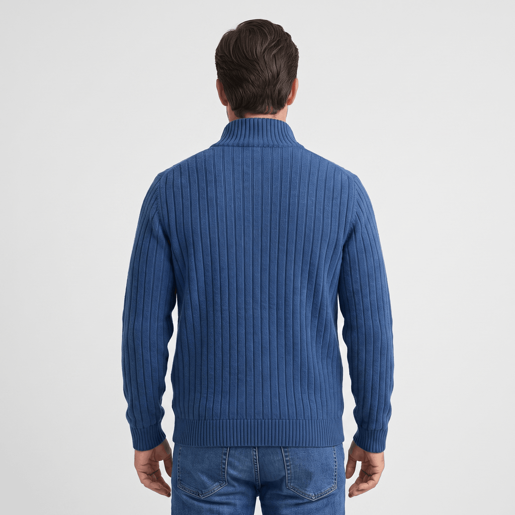 Casper Ribbed Knit Cardigan – Stand-Collar Full-Zip Structured Sweater