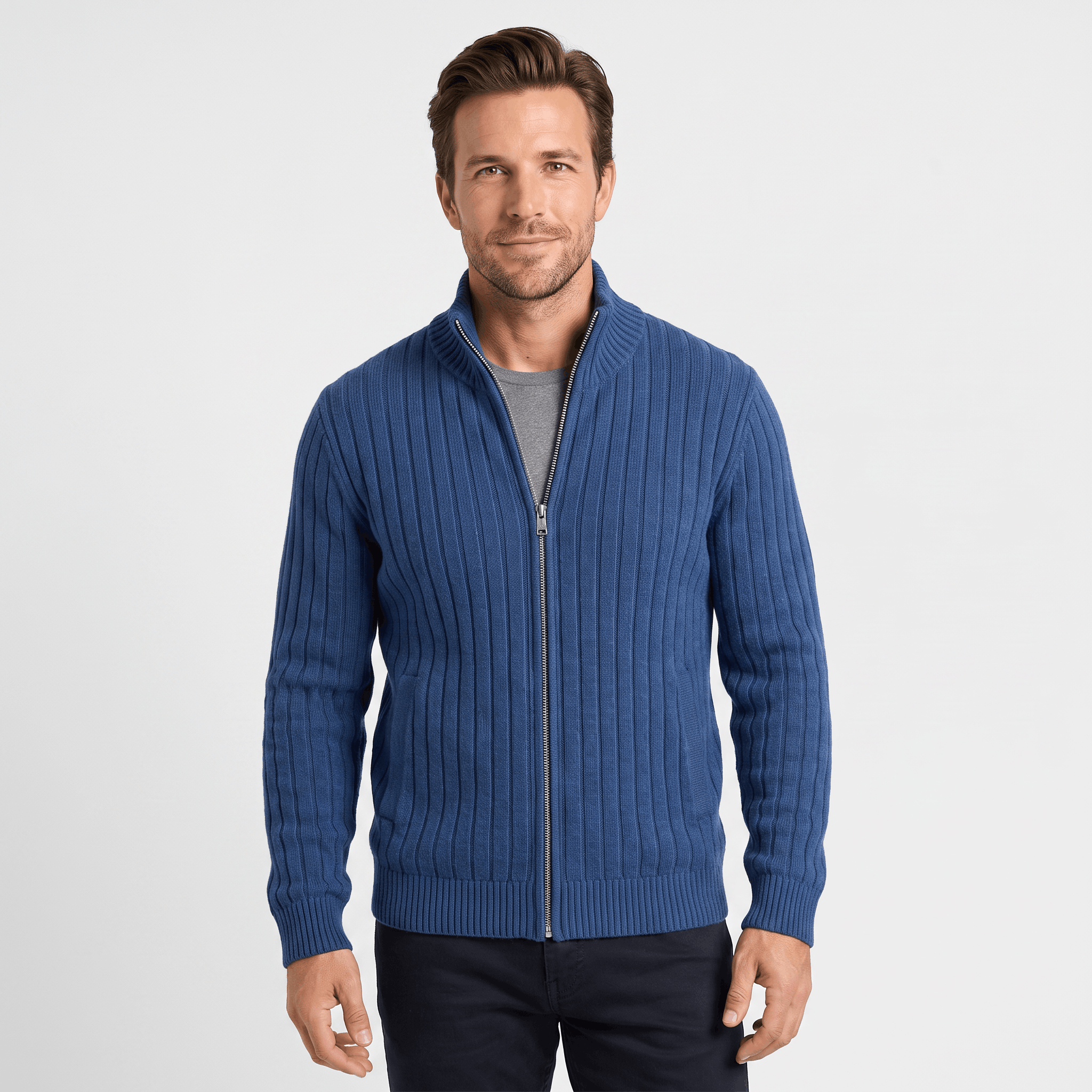 Casper Ribbed Knit Cardigan – Stand-Collar Full-Zip Structured Sweater
