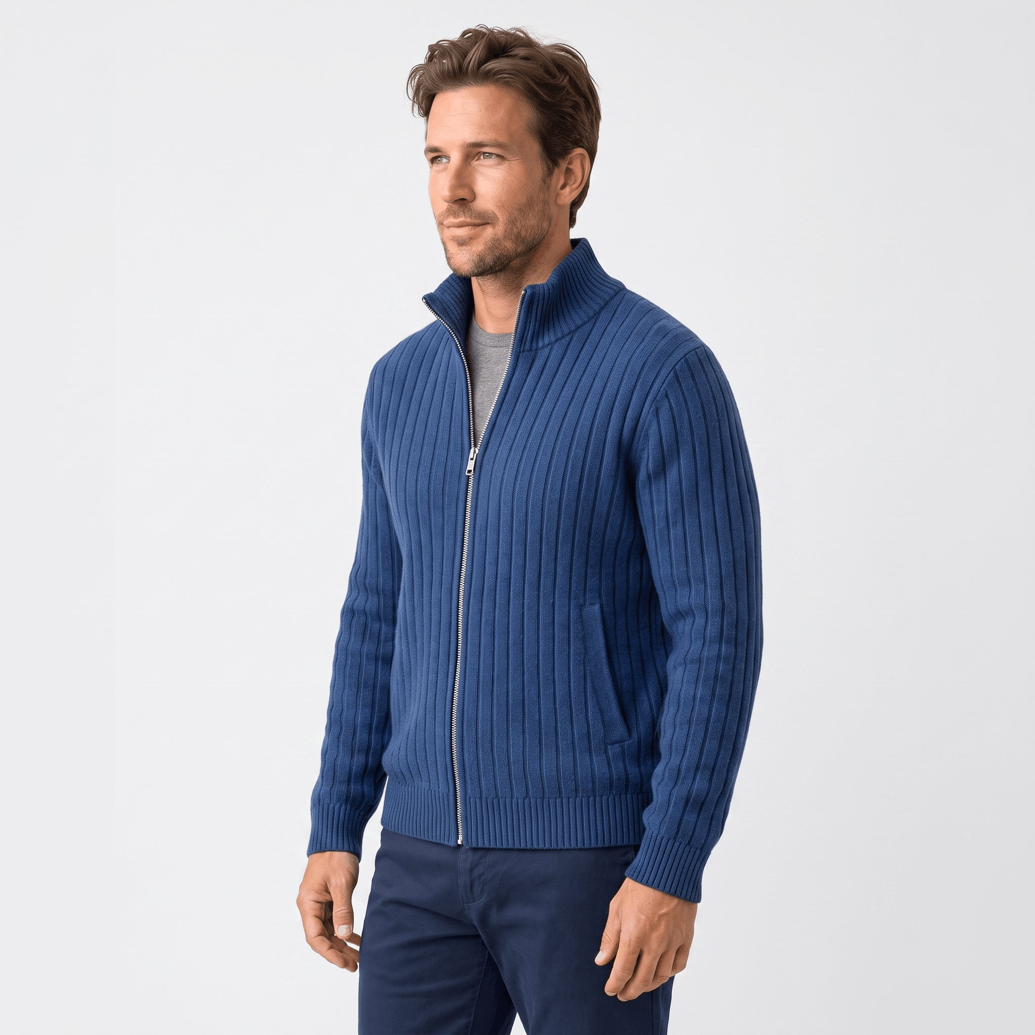 Casper Ribbed Knit Cardigan – Stand-Collar Full-Zip Structured Sweater