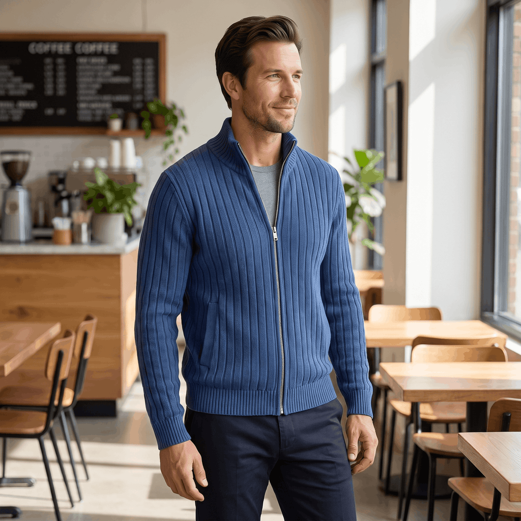 Casper Ribbed Knit Cardigan – Stand-Collar Full-Zip Structured Sweater