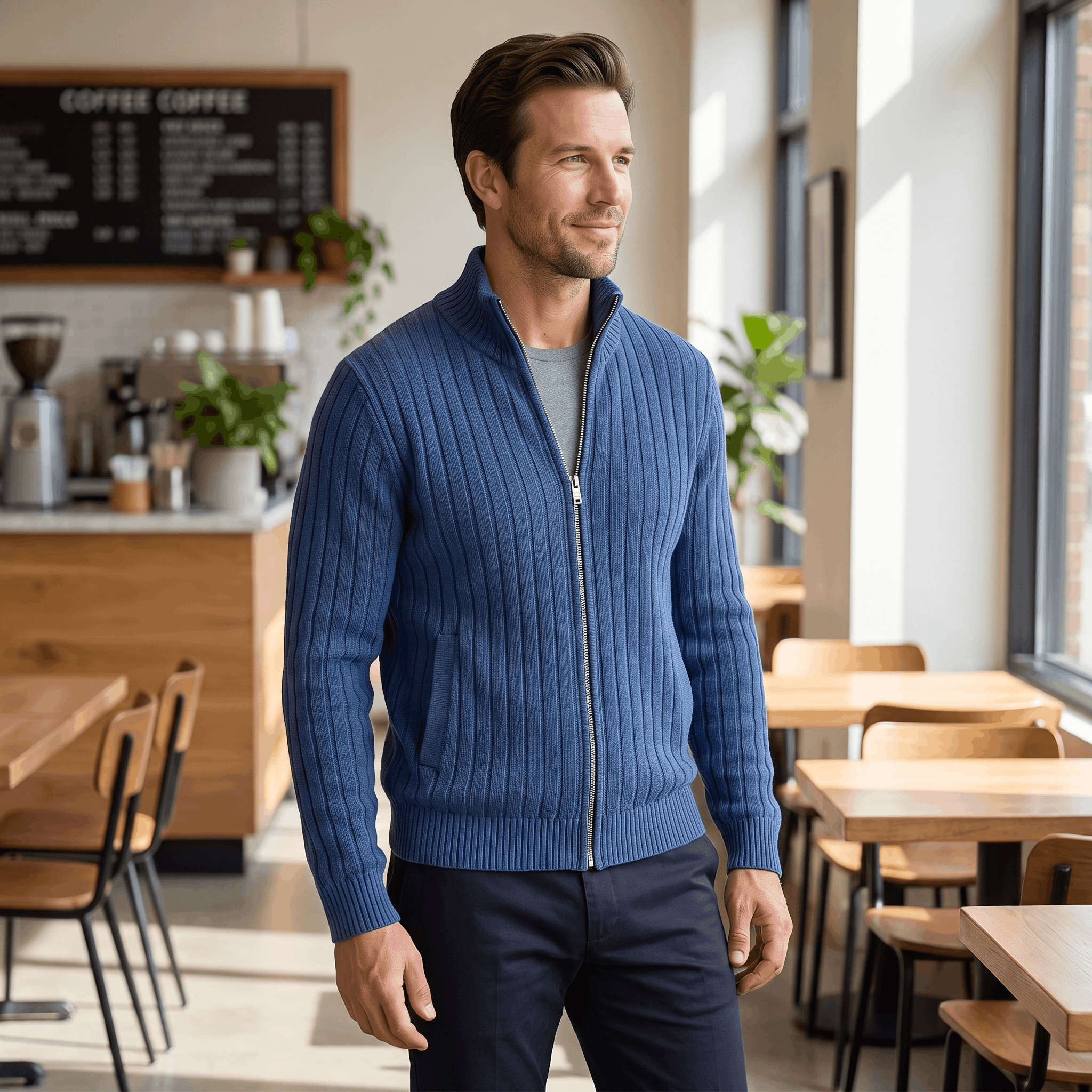 Casper Ribbed Knit Cardigan – Stand-Collar Full-Zip Structured Sweater