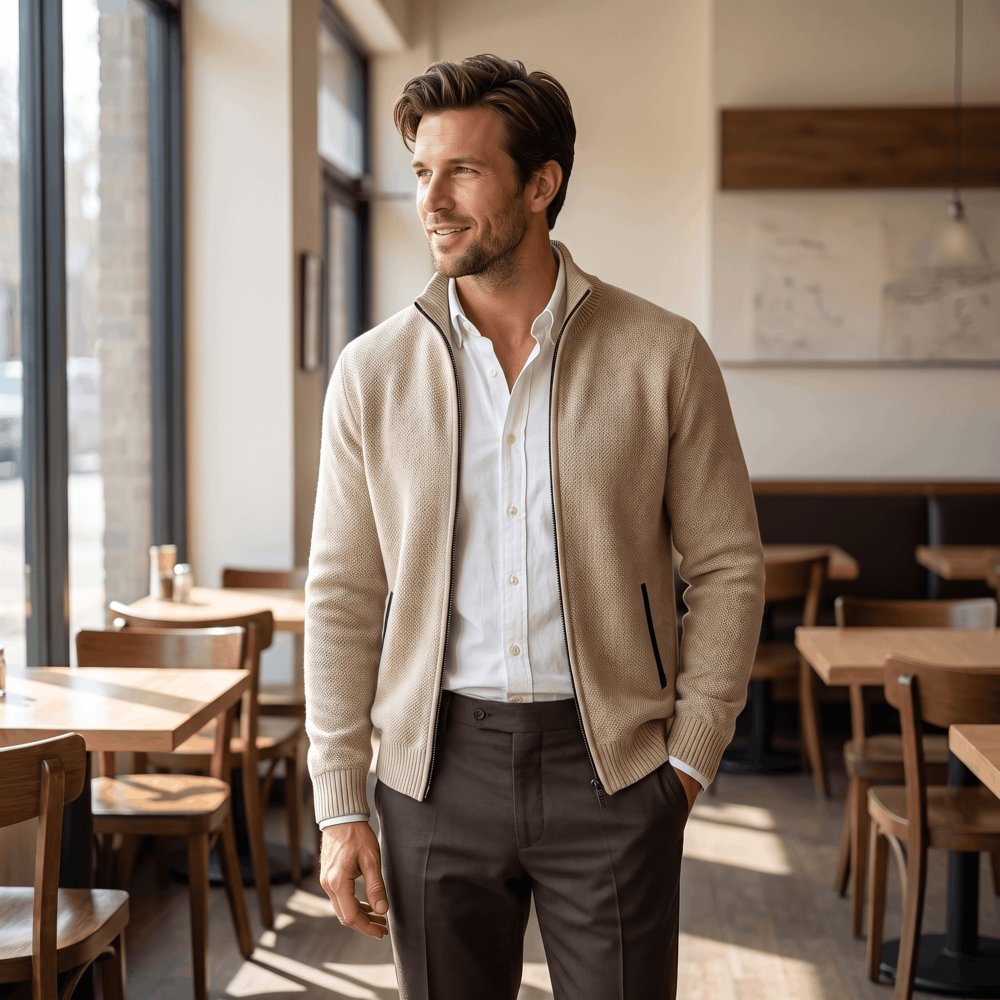 Jonel Textured Knit Cardigan – Stand-Collar Full-Zip Zip-Pocket Sweater