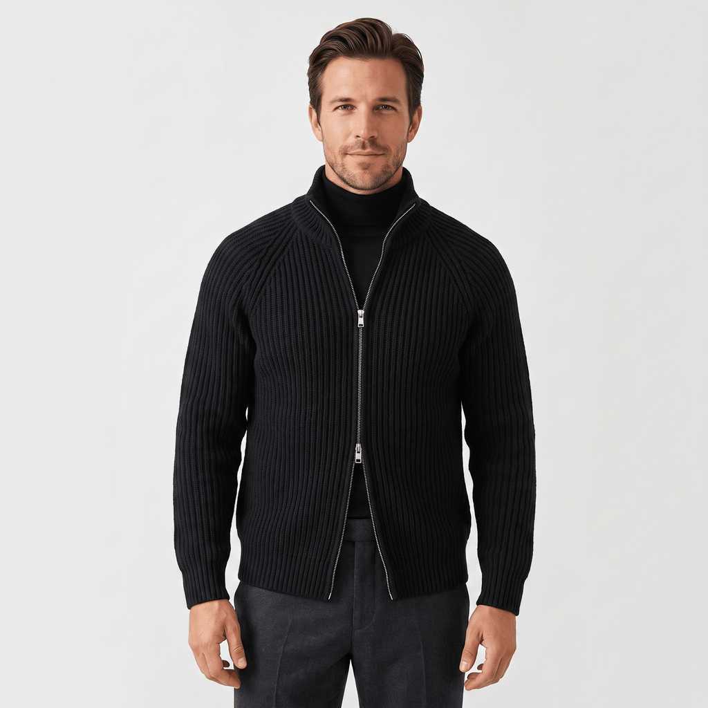 Harold Cotton-Blend Knit Cardigan – Stand-Collar Full-Zip Slim-Fit Sweater