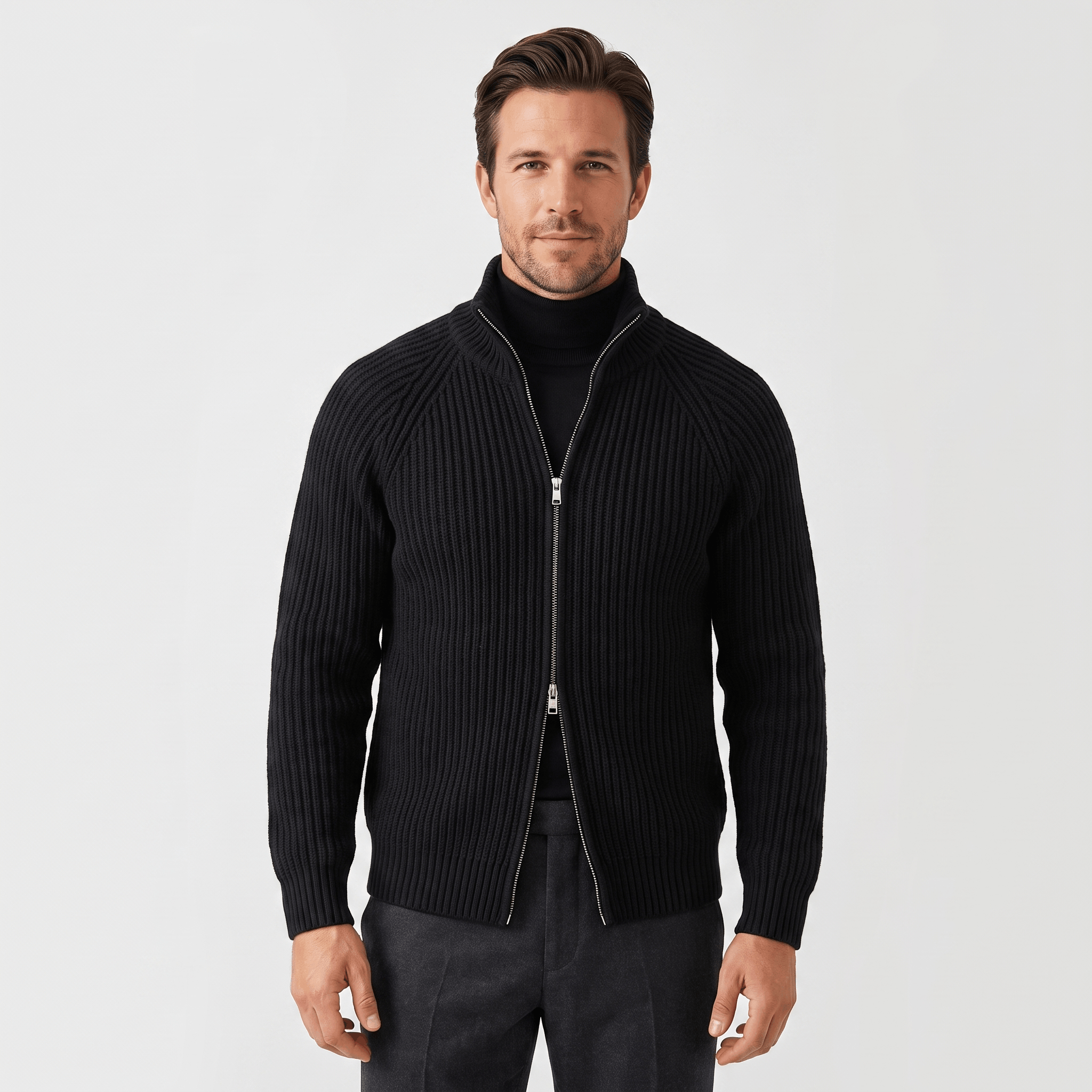 Harold Cotton-Blend Knit Cardigan – Stand-Collar Full-Zip Slim-Fit Sweater