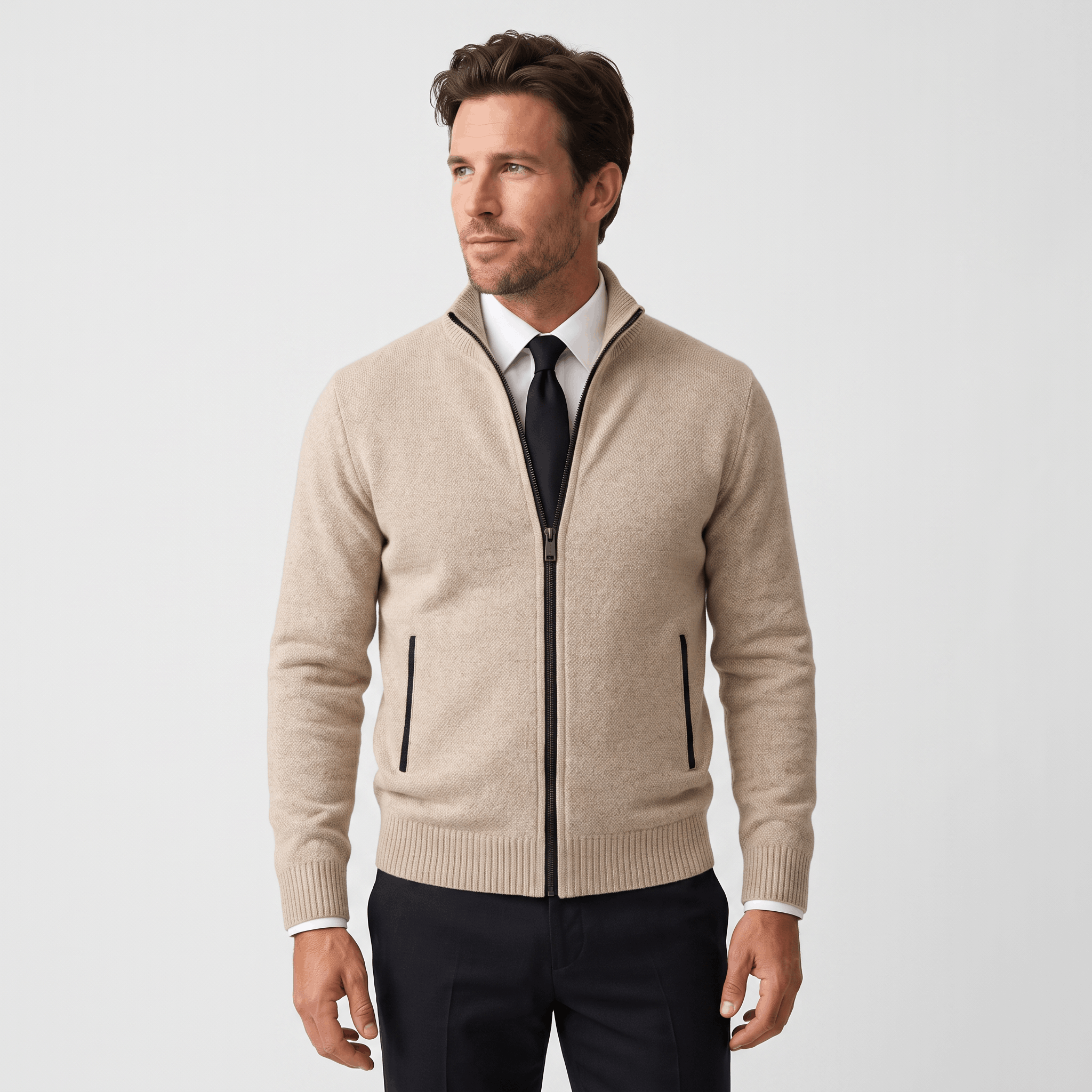 Jonel Textured Knit Cardigan – Stand-Collar Full-Zip Zip-Pocket Sweater