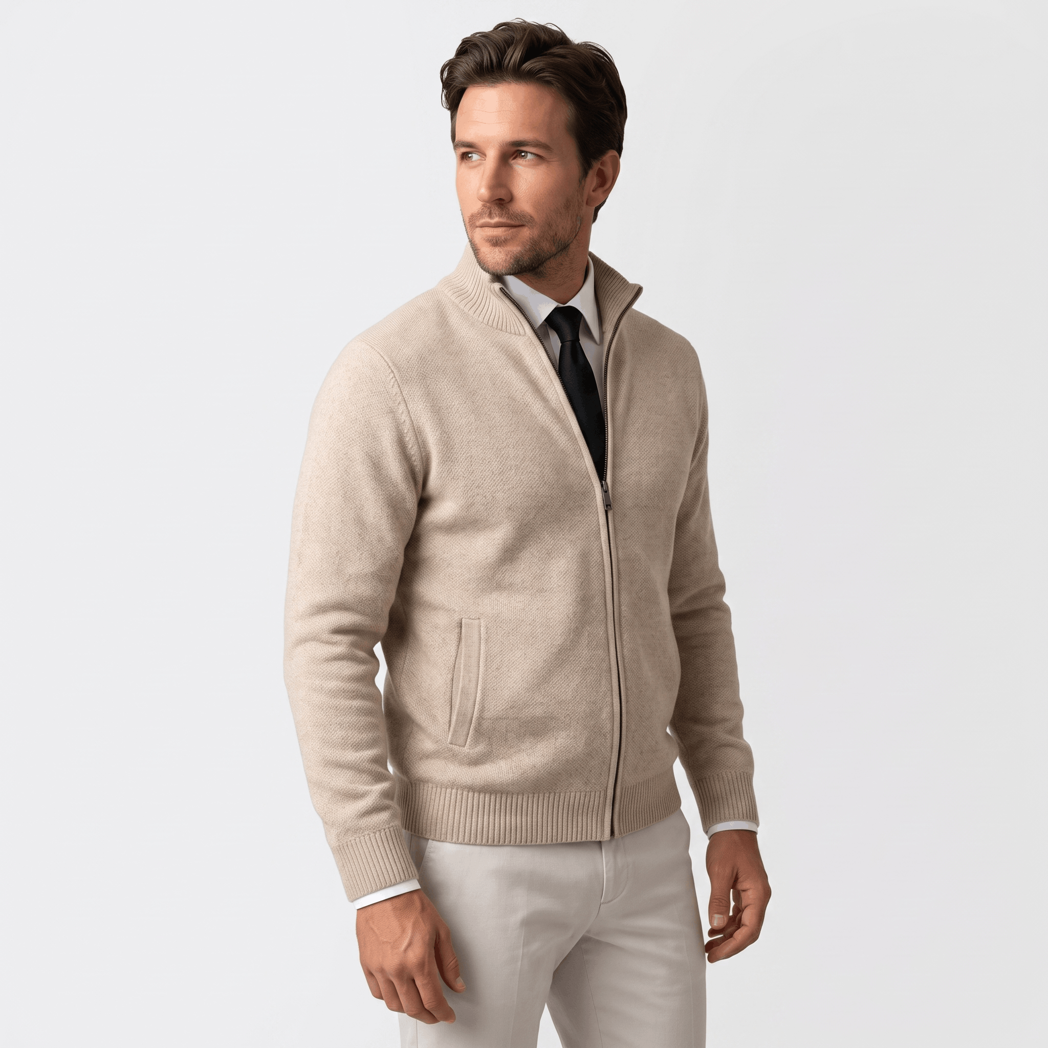 Jonel Textured Knit Cardigan – Stand-Collar Full-Zip Zip-Pocket Sweater