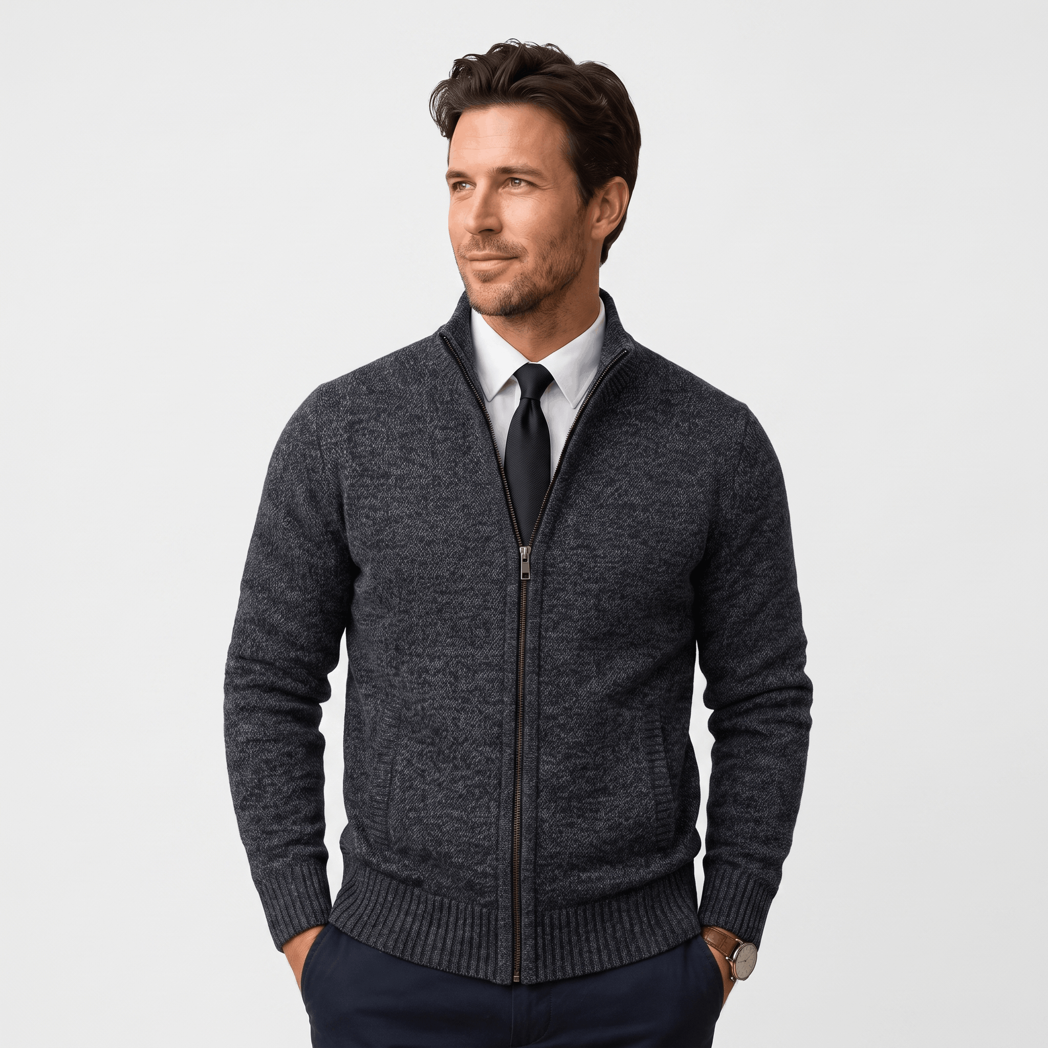 Jonel Textured Knit Cardigan – Stand-Collar Full-Zip Zip-Pocket Sweater