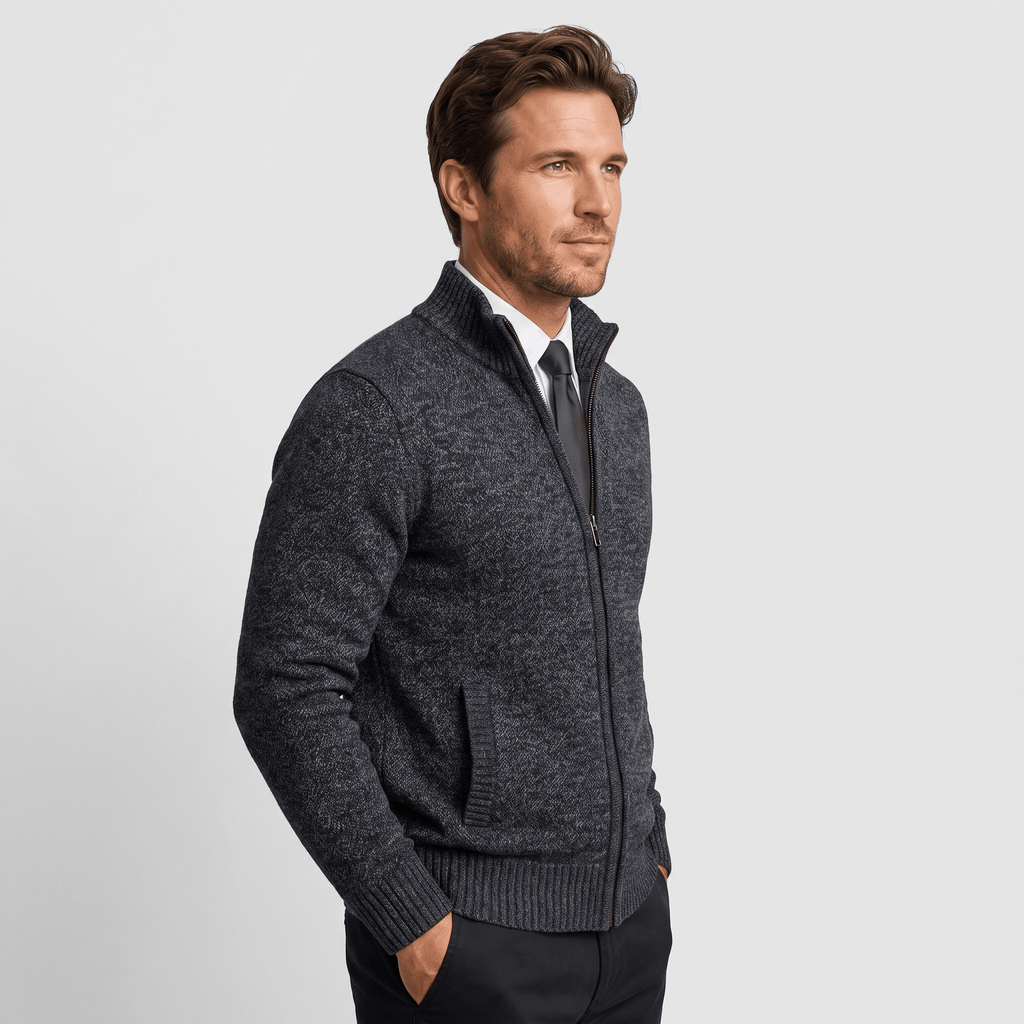 Jonel Textured Knit Cardigan – Stand-Collar Full-Zip Zip-Pocket Sweater