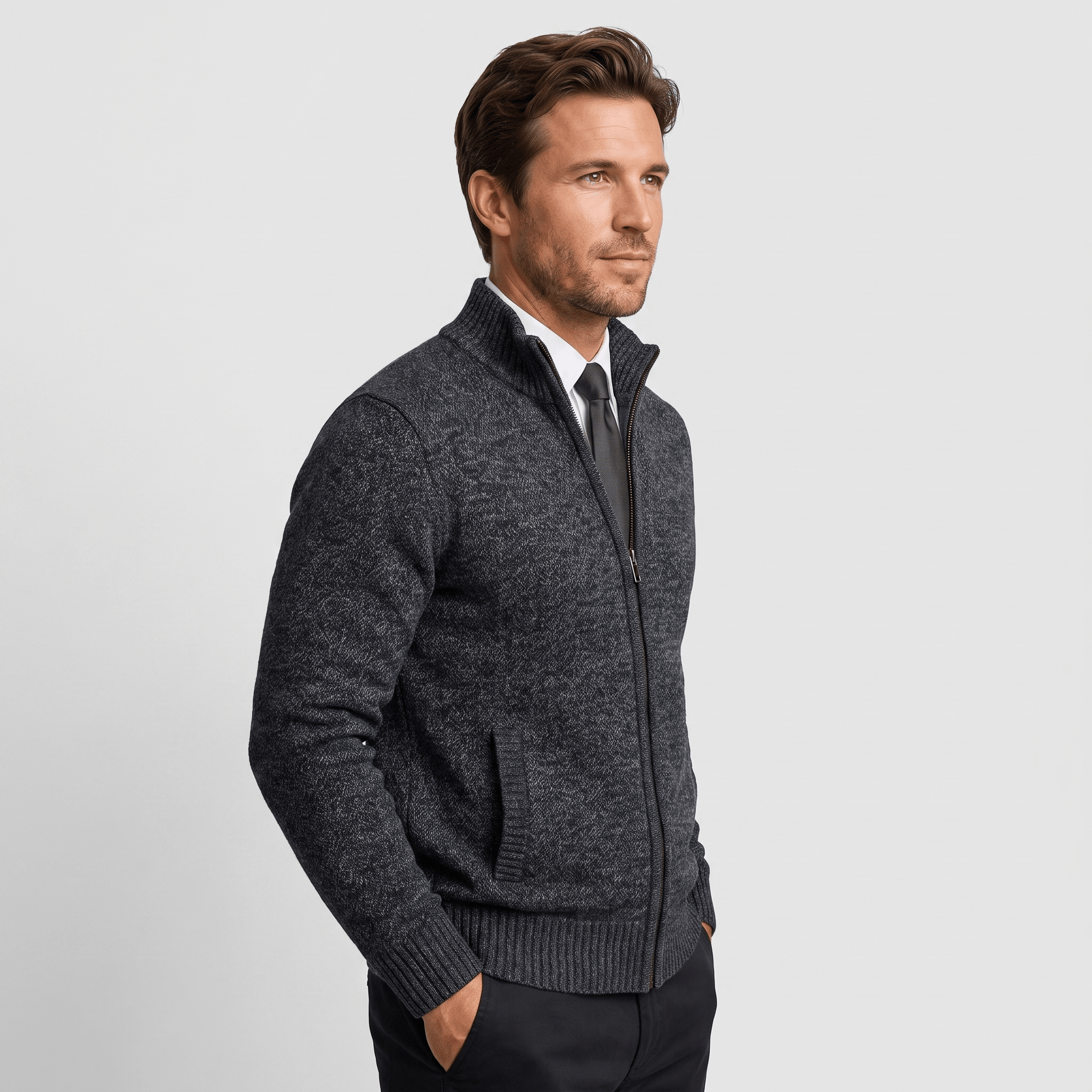 Jonel Textured Knit Cardigan – Stand-Collar Full-Zip Zip-Pocket Sweater