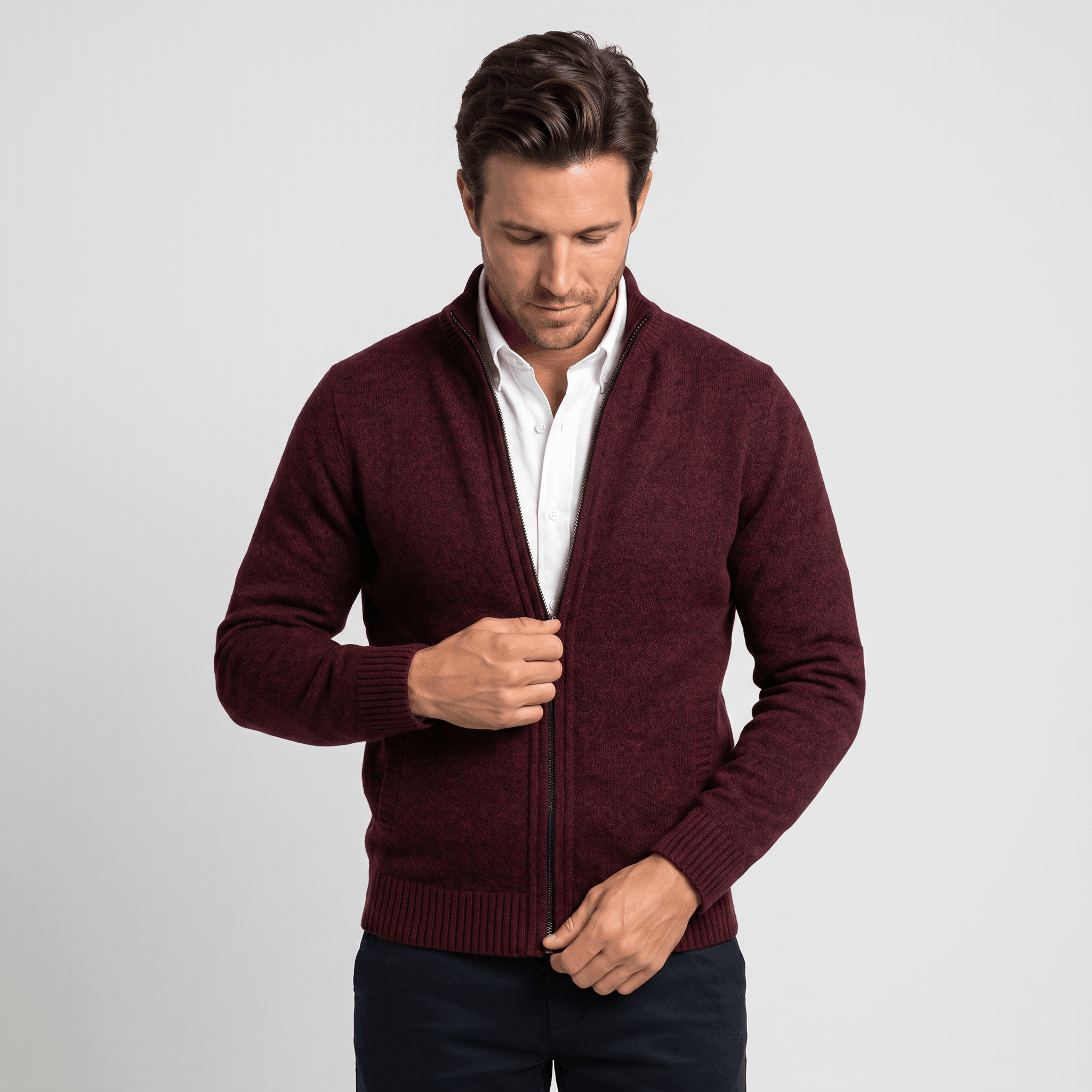 Jonel Textured Knit Cardigan – Stand-Collar Full-Zip Zip-Pocket Sweater