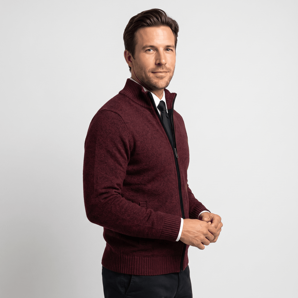 Jonel Textured Knit Cardigan – Stand-Collar Full-Zip Zip-Pocket Sweater