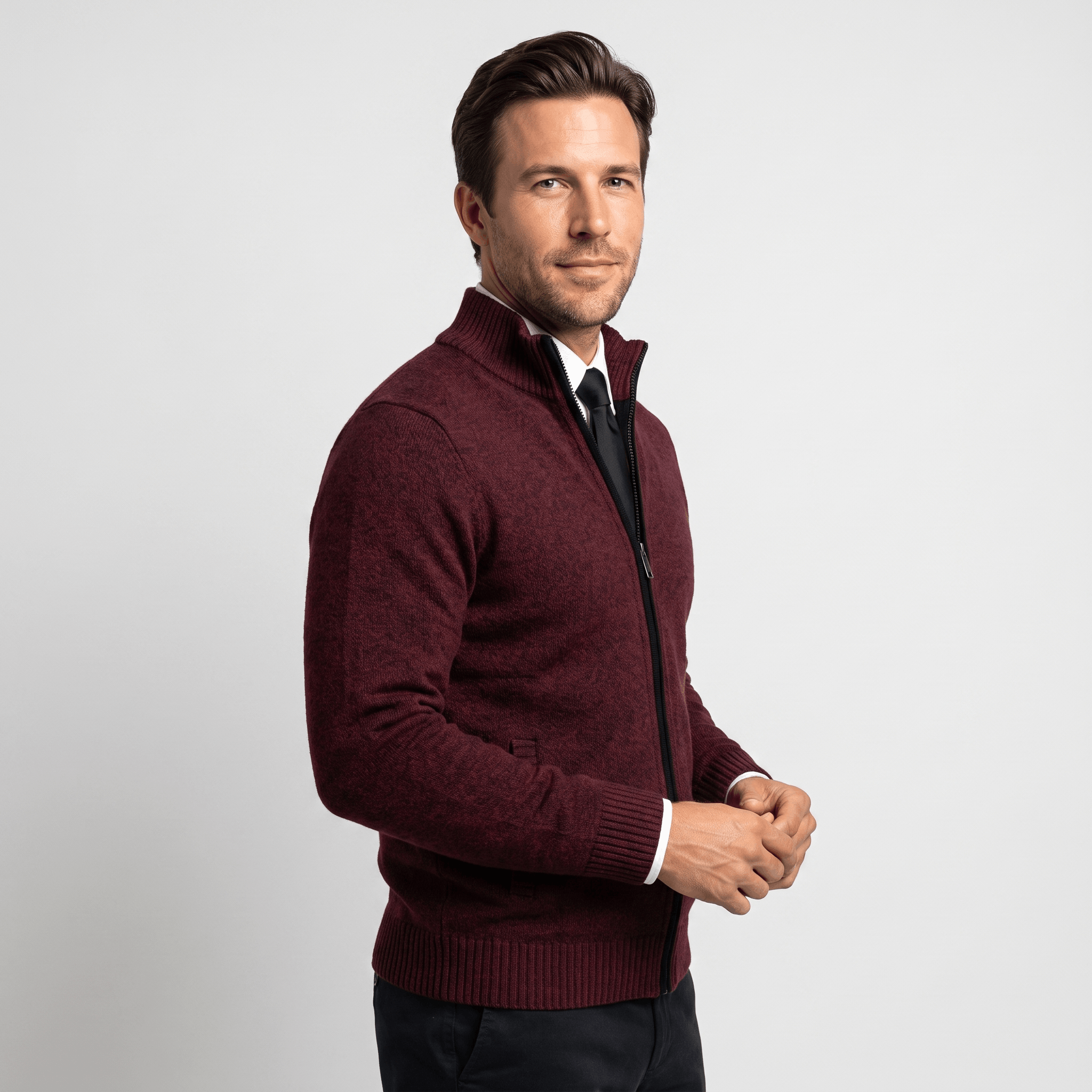 Jonel Textured Knit Cardigan – Stand-Collar Full-Zip Zip-Pocket Sweater