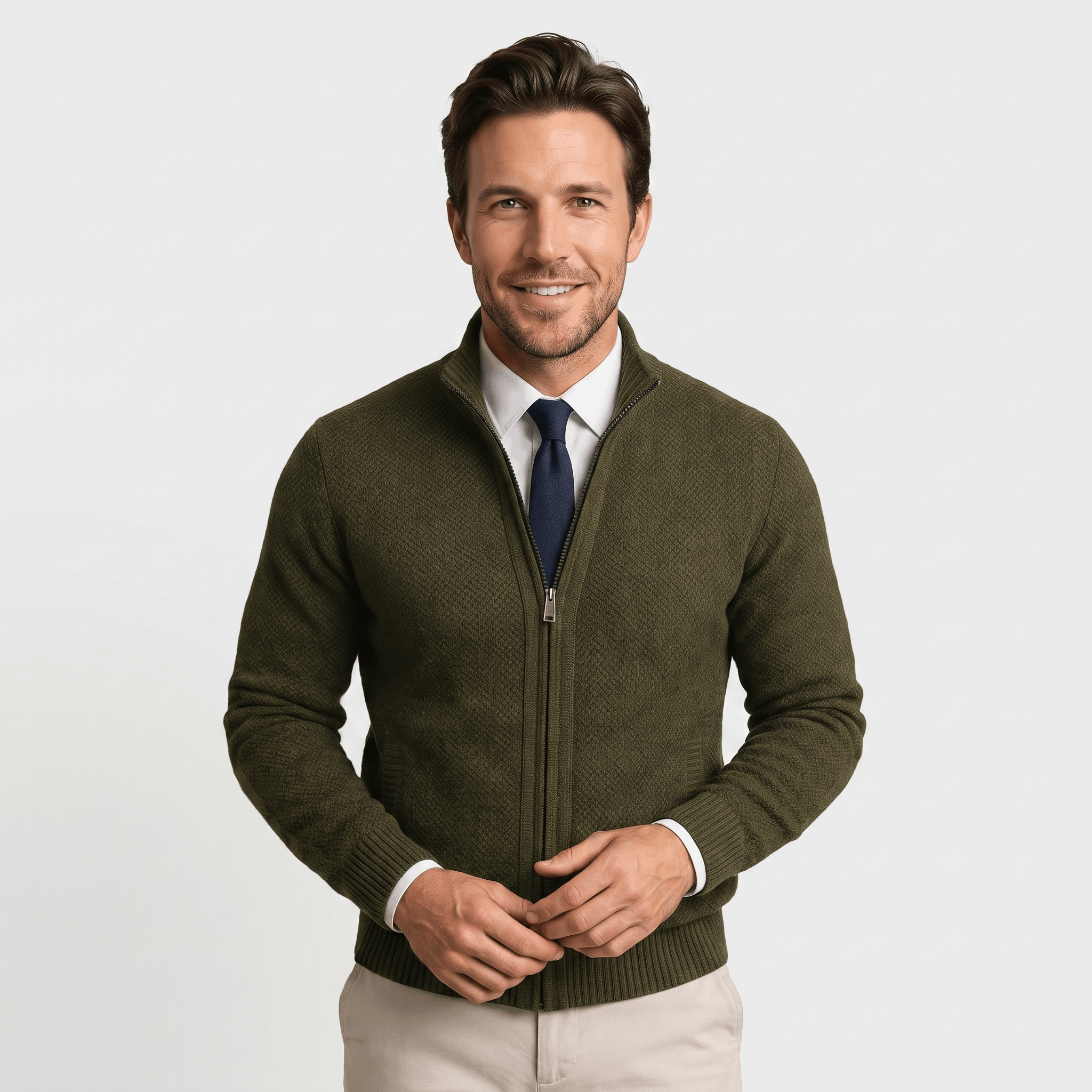 Jonel Textured Knit Cardigan – Stand-Collar Full-Zip Zip-Pocket Sweater